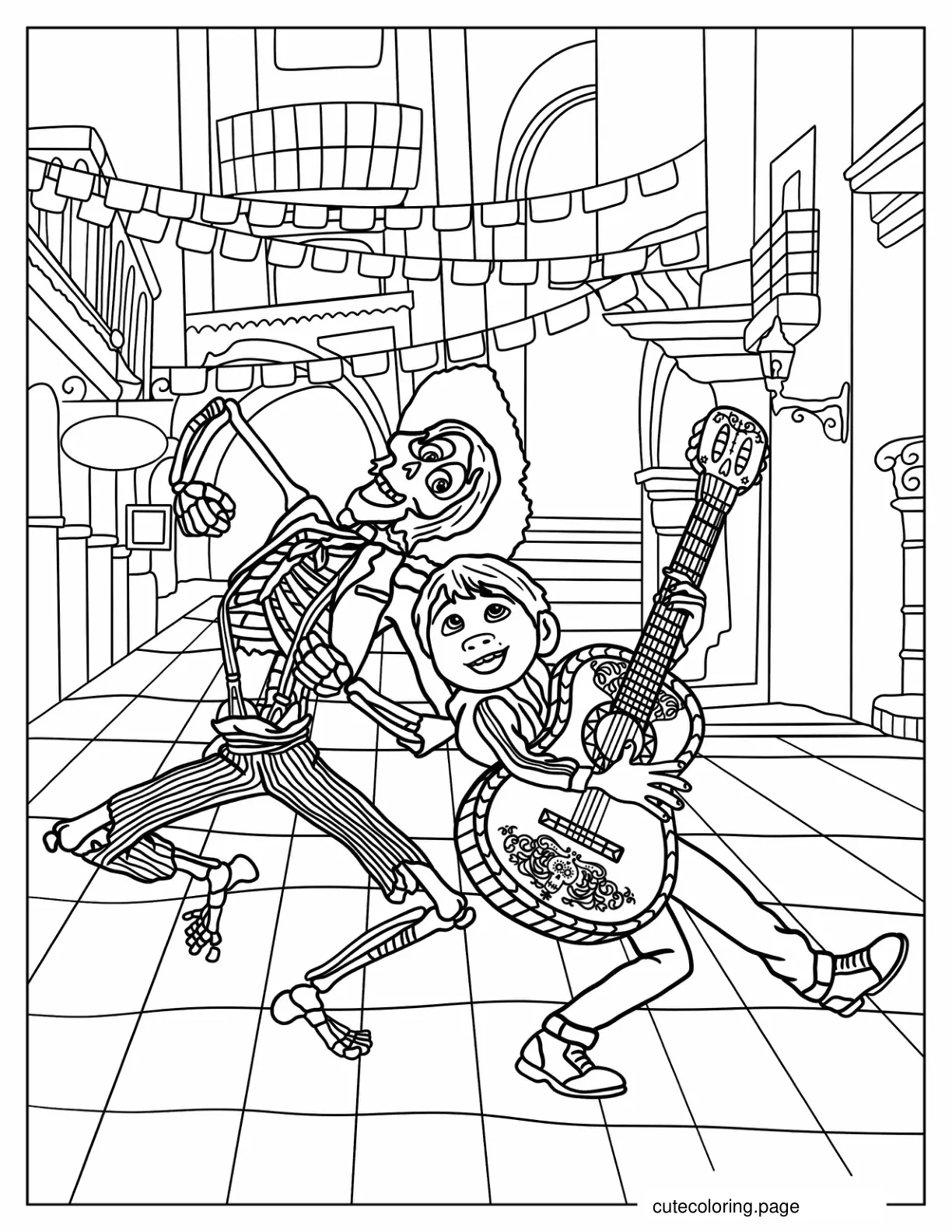 Miguel And Hector Dancing And Playing Guitar coloring page