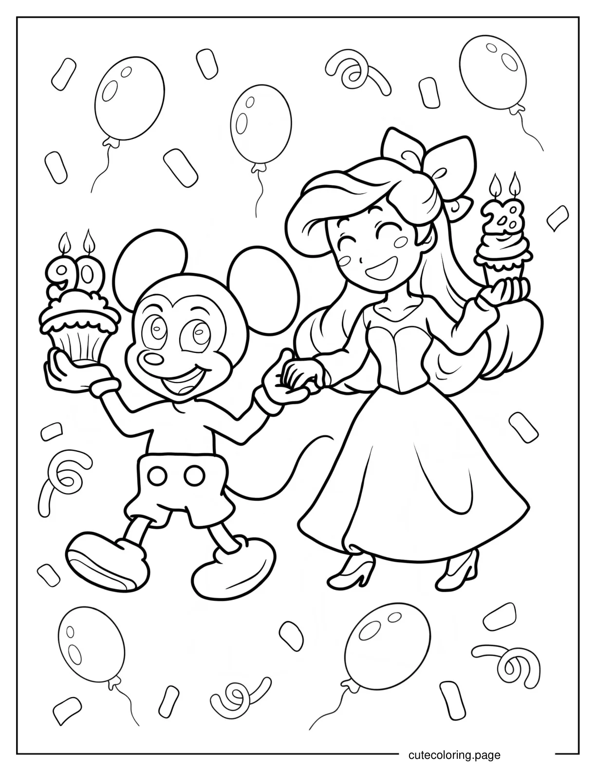 Ariel And Mickey Mouse Holding Birthday Cupcakes coloring page