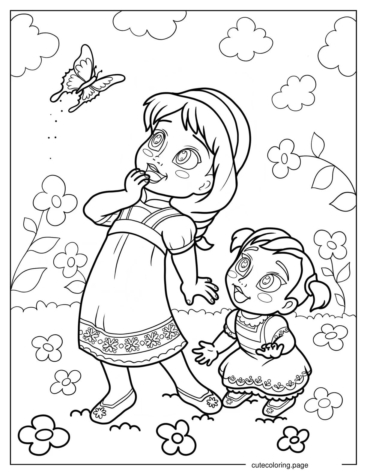 Baby Elsa And Anna Looking At Butterfly Coloring Page coloring page