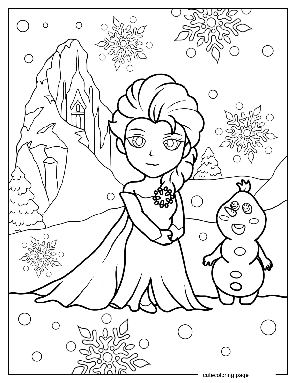 Chibi Elsa And Olaf In Winter Frozen Coloring Sheet coloring page