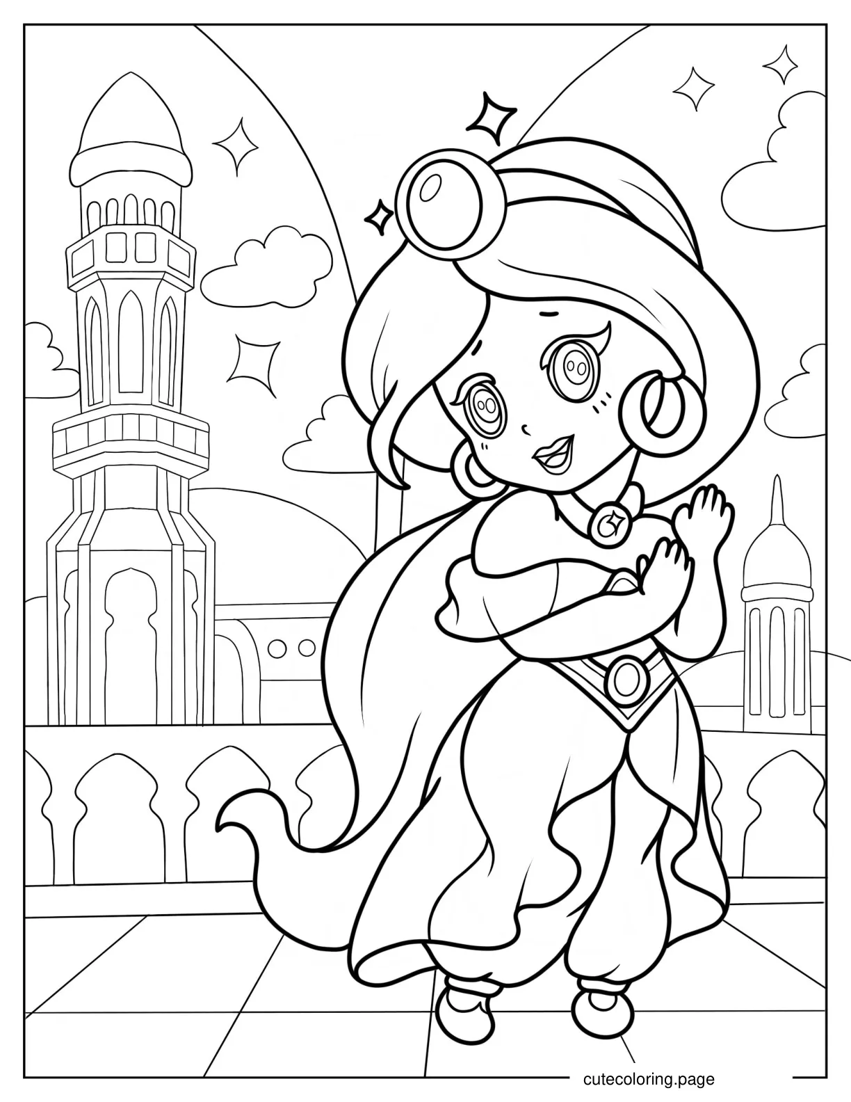 Chibi Princess Jasmine Waving Coloring Page coloring page