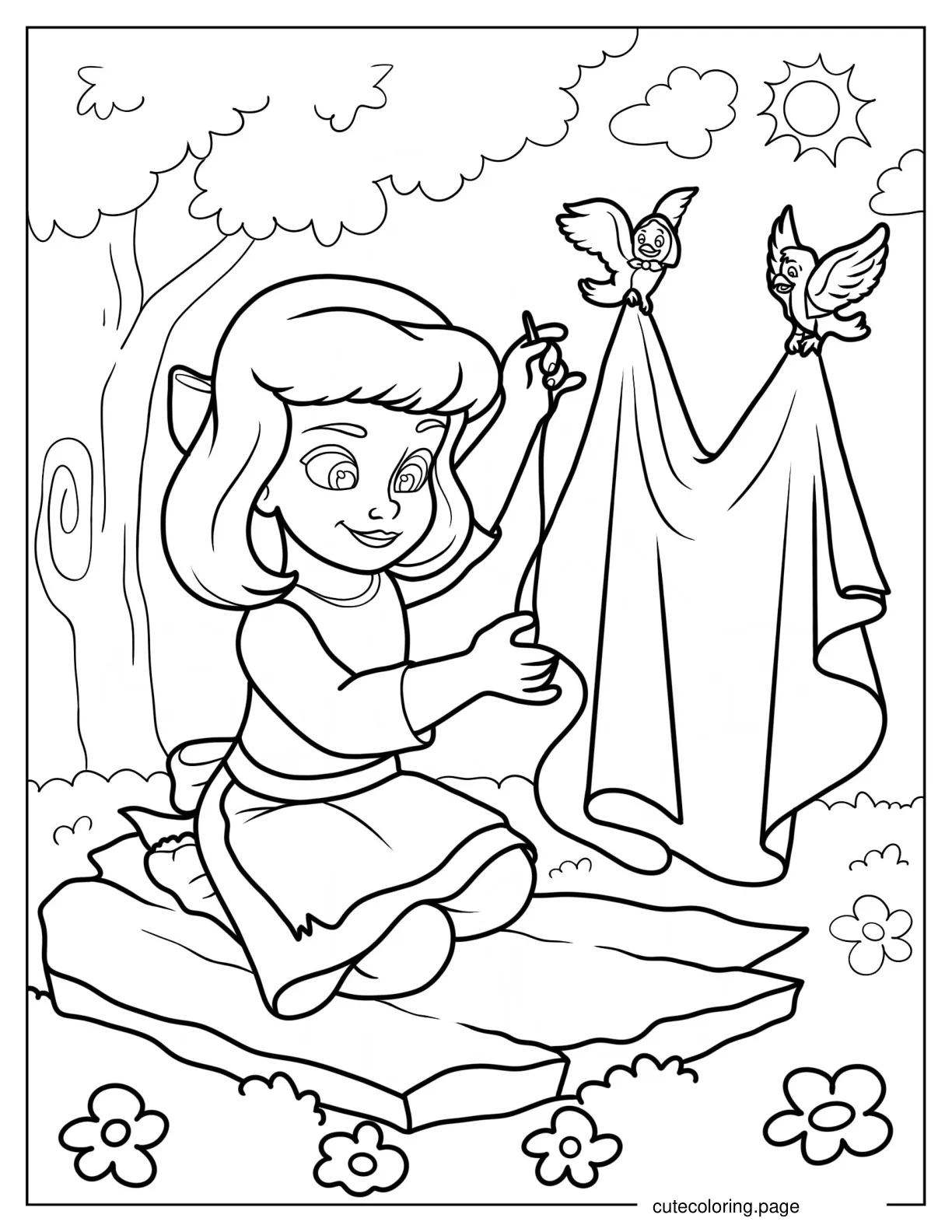 Child Cinderella Hanging Laundry With Birds coloring page