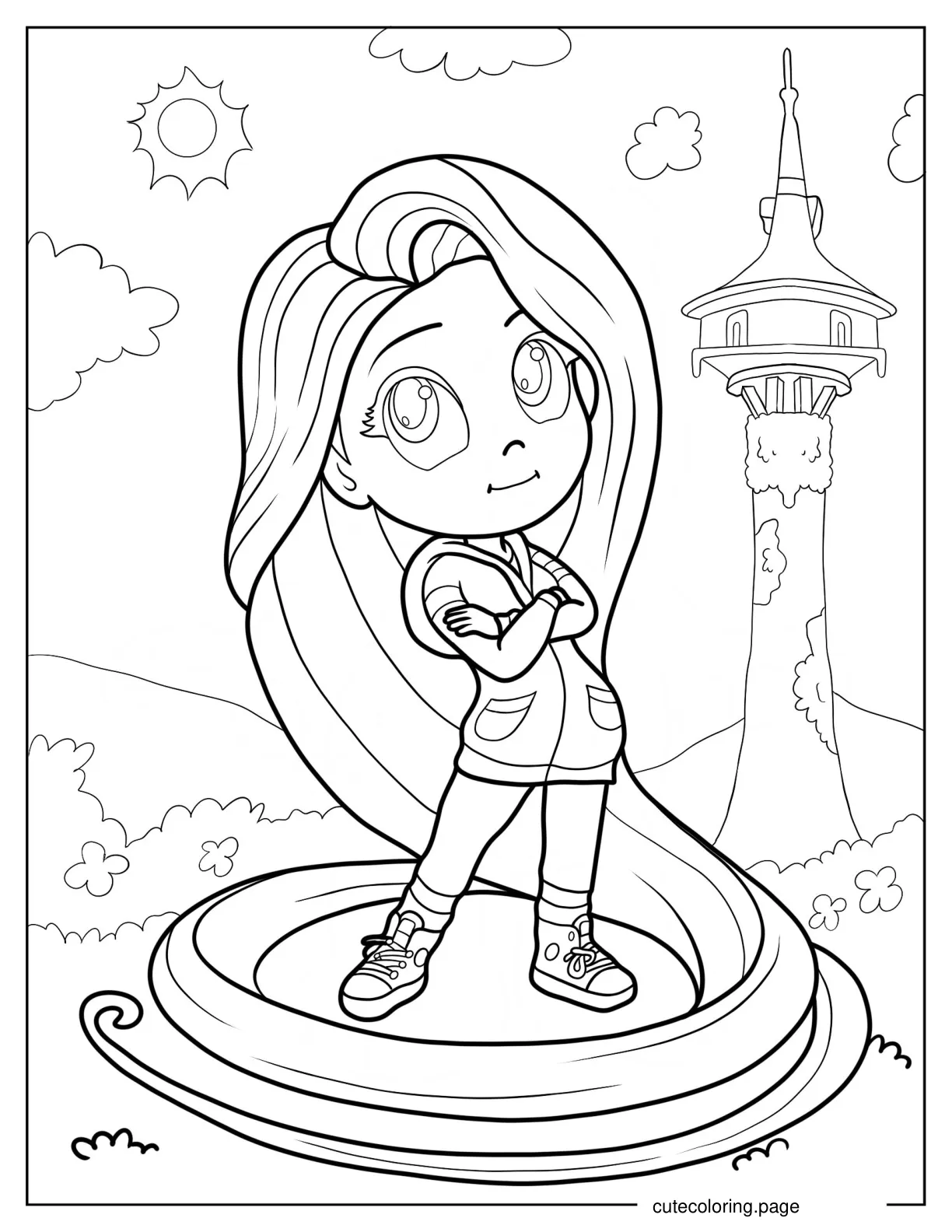 Modern Rapunzel Standing Outside Tower Coloring Page coloring page