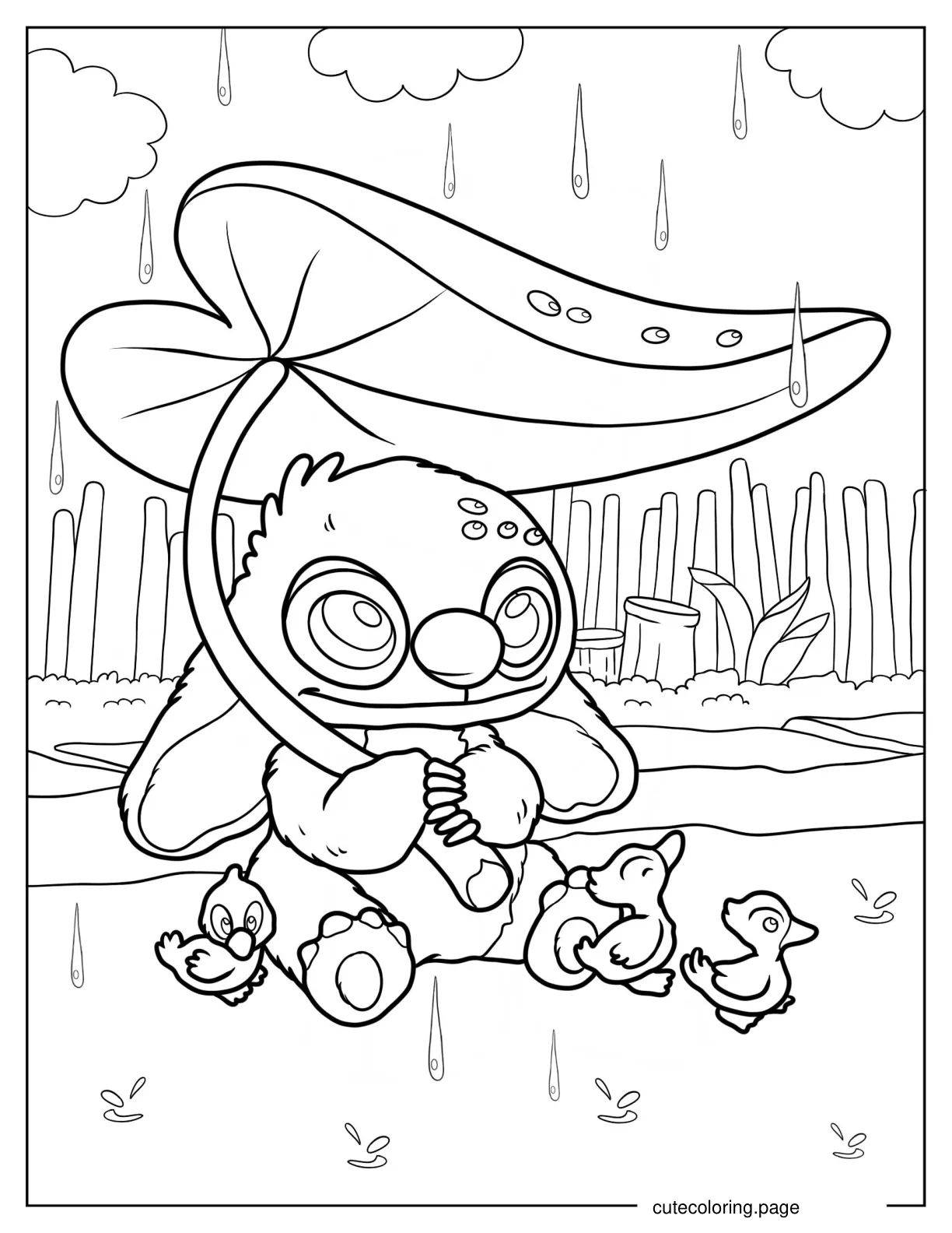 Stitch Holding Up Leaf For Ducklings Coloring Page coloring page