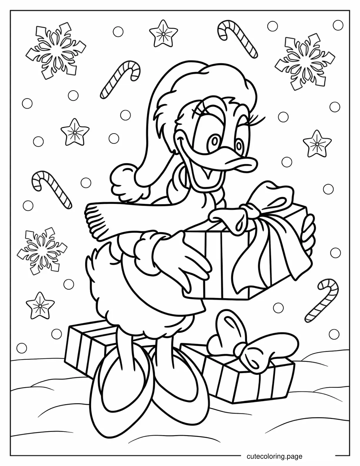 Coloring Sheet Of Daisy Duck With Christmas Present coloring page