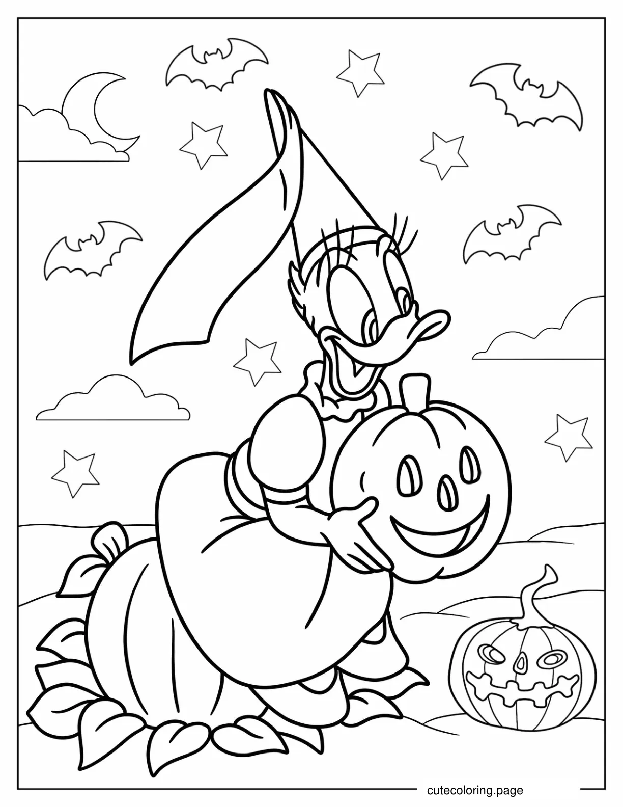 Daisy Duck Holding Jack O Lantern On Halloween Coloring Sheet coloring page