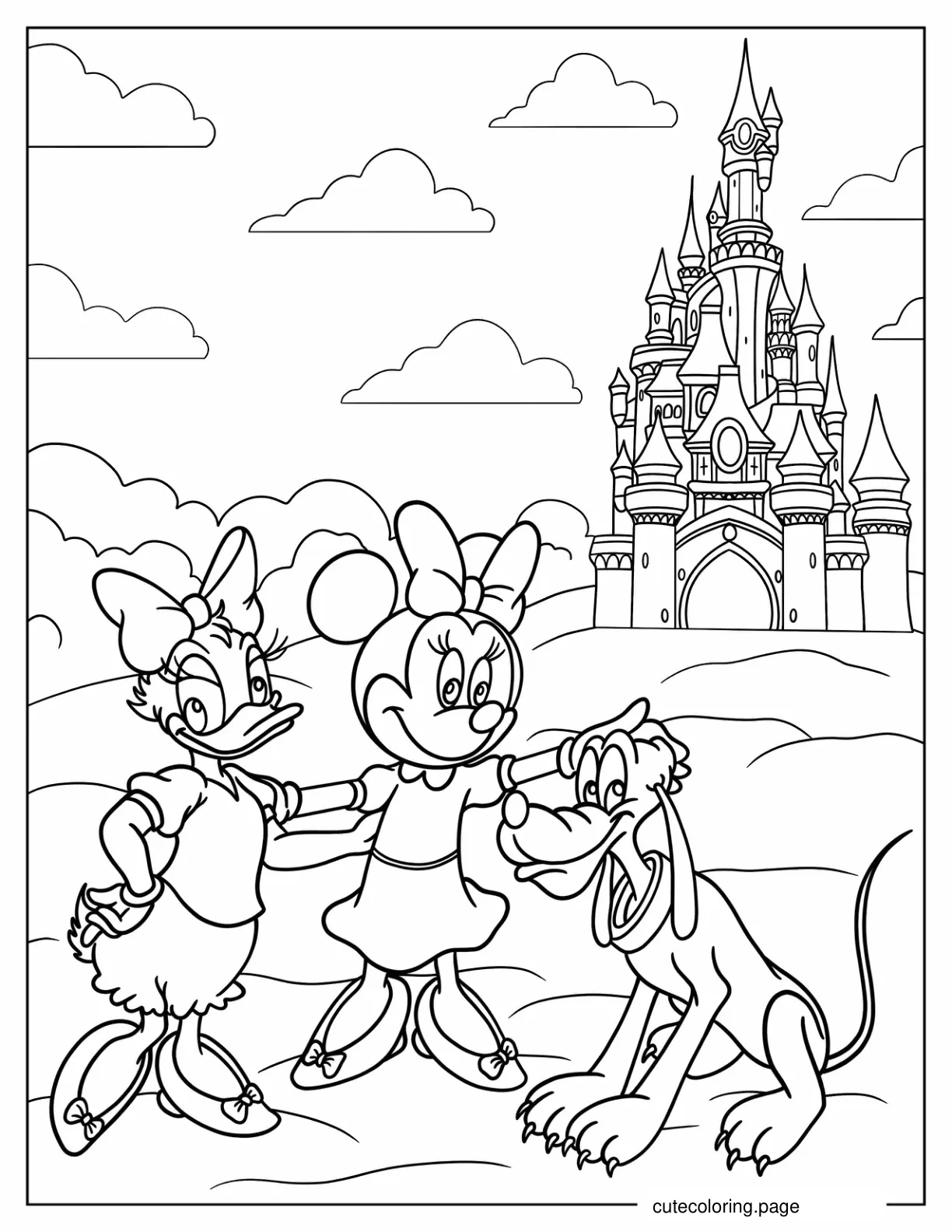 Daisy Duck Minnie Mouse and Pluto With Castle To Color coloring page