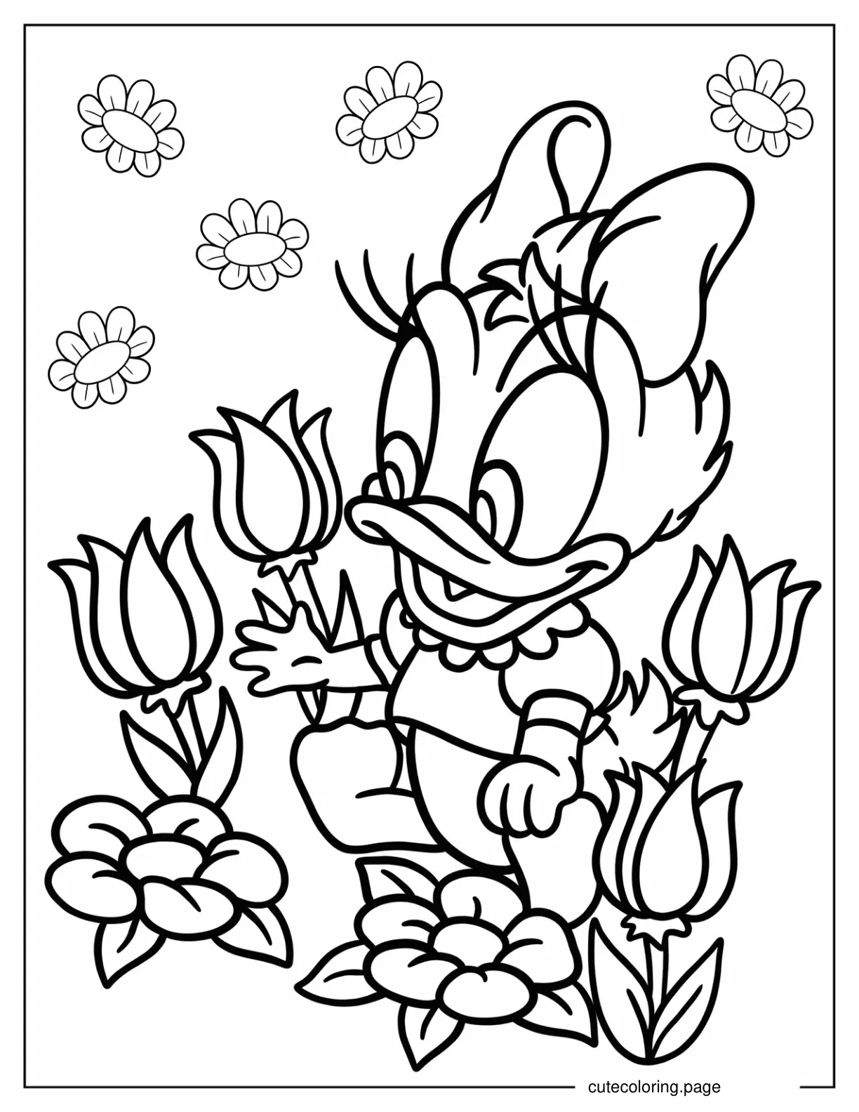 Easy Daisy Duck With Flowers Coloring Page For Kids coloring page