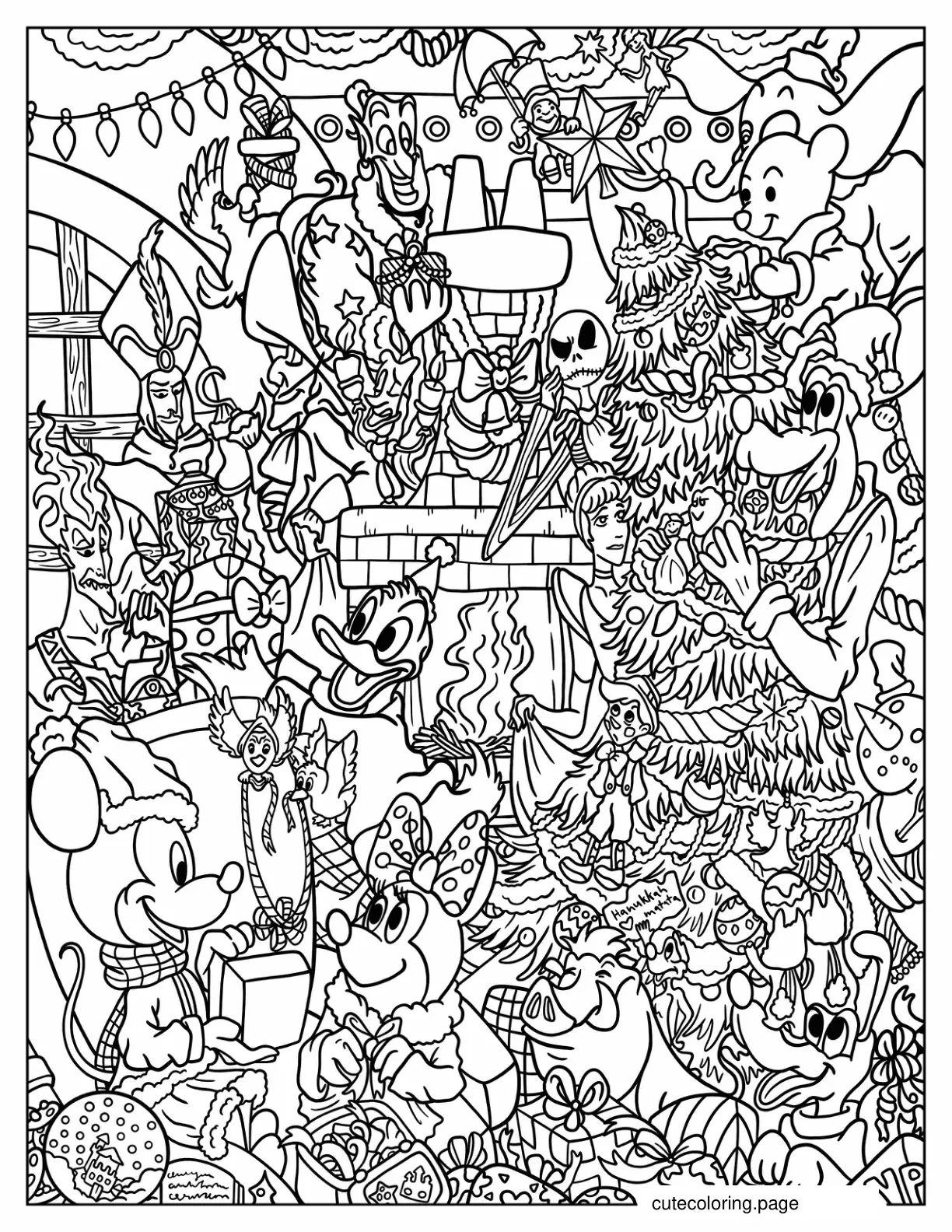 Disney Characters Celebrating Christmas Coloring Page coloring page