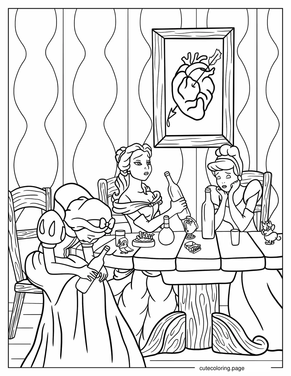 Drunk Snow White Belle And Cinderella Coloring Sheet For Adults coloring page