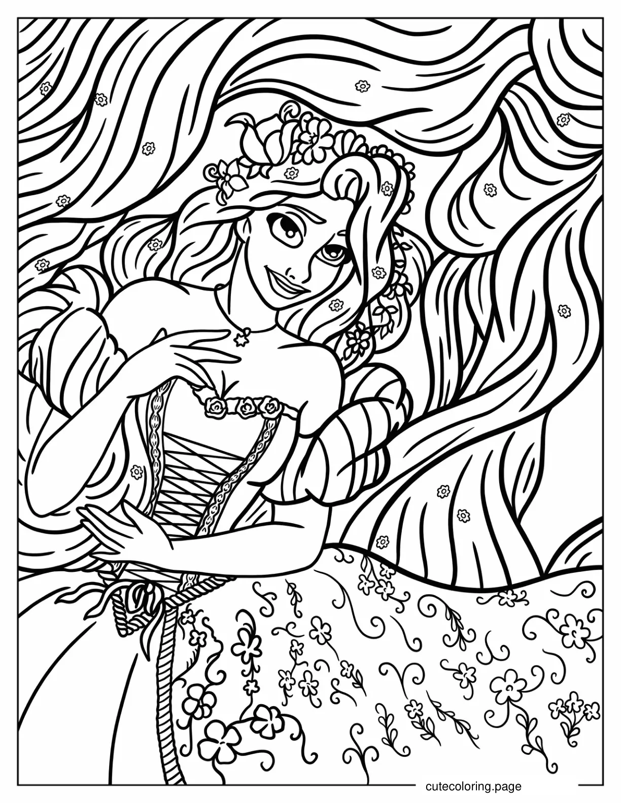 Rapunzel Lying On Her Long Hair coloring page