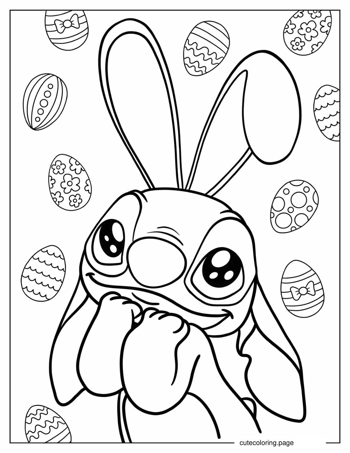 Adorable Stitch Wearing Bunny Ears With Easter Eggs In The Background coloring page