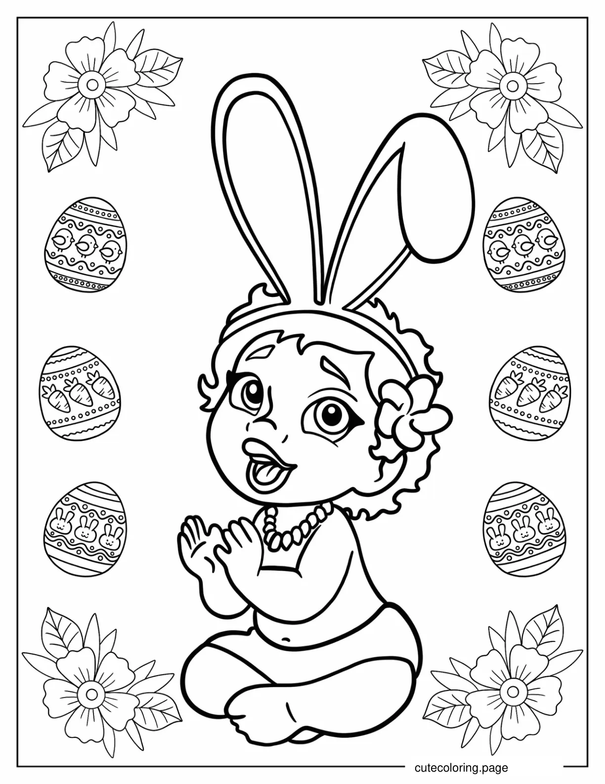 Baby Moana Wearing Easter Bunny Ears Coloring Page For Kids coloring page