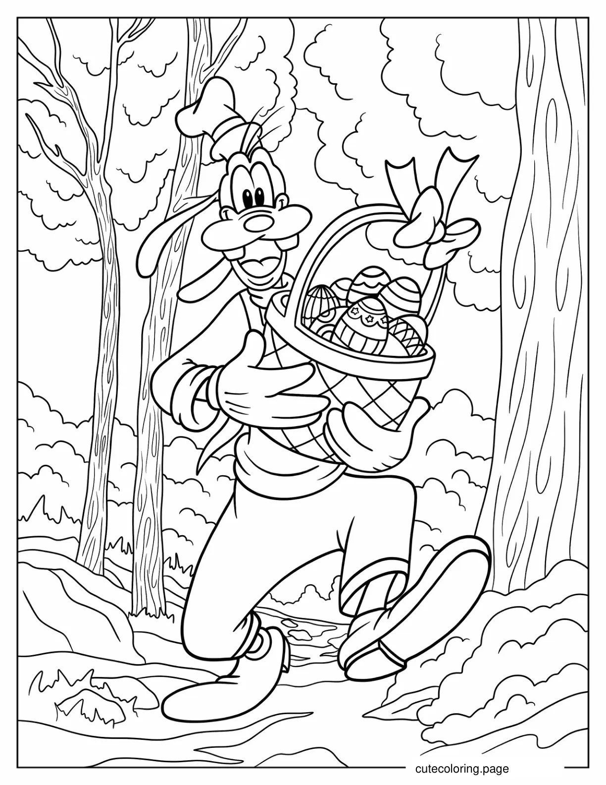 Goofy Running In The Forest With Basket Of Easter Eggs coloring page