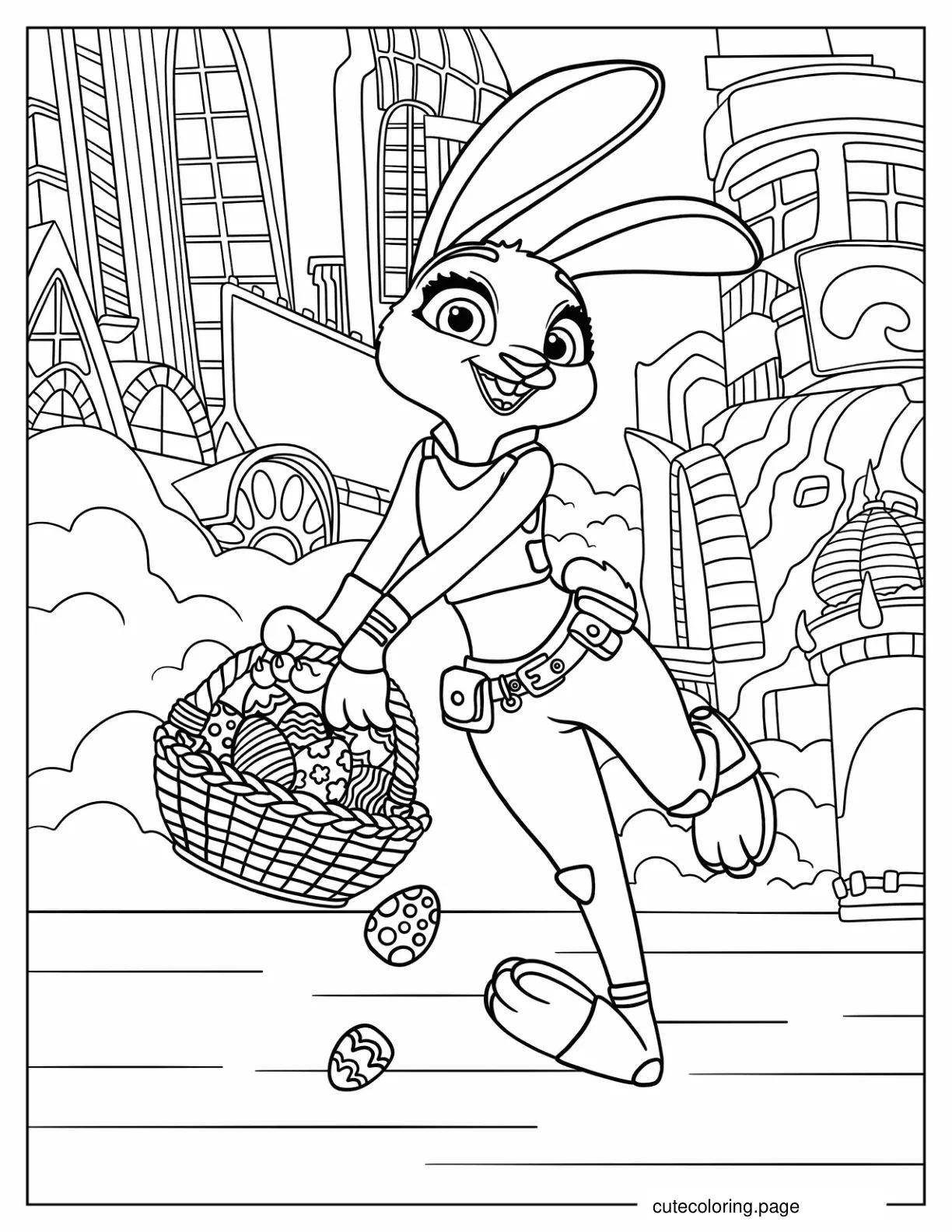 Judy Hopps In Zootopia Carrying Basket Of Easter Eggs Coloring Sheet coloring page