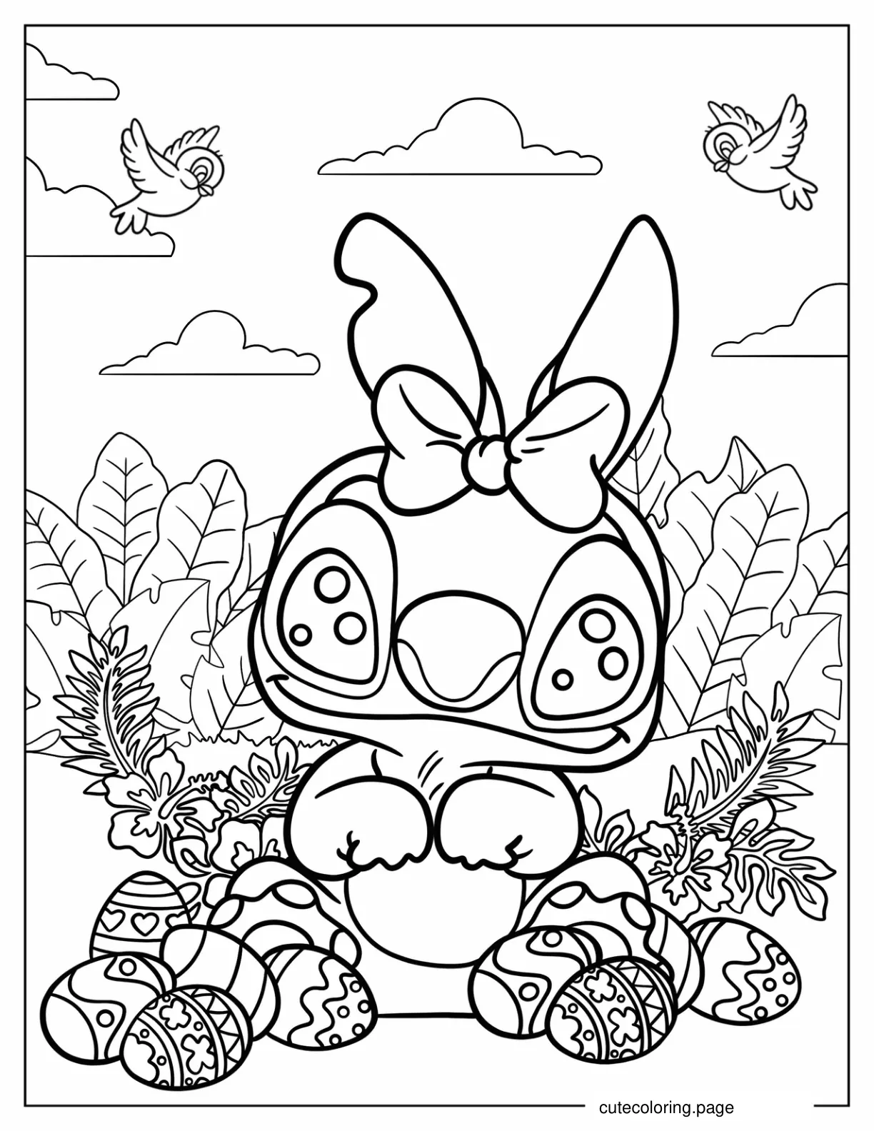 Kawaii Stitch Sitting Next To Easter Eggs Coloring Page For Kids coloring page