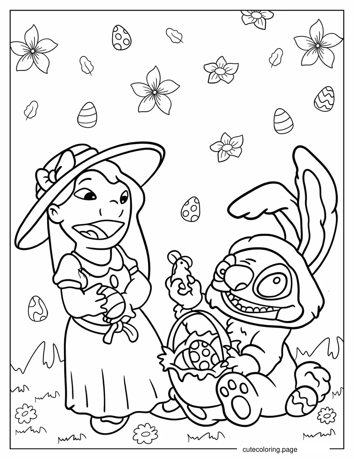 Lilo And Stitch Smiling At Basket Of Easter Eggs Coloring Page For Kids coloring page