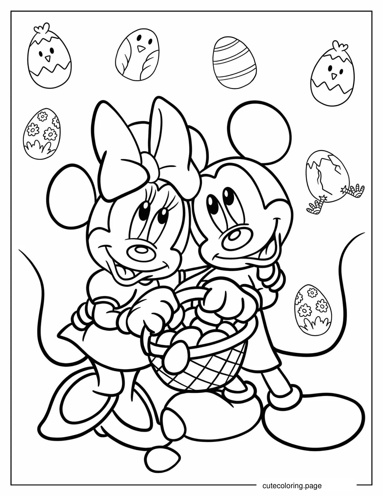 Mickey And Minnie Mouse Holding An Easter Egg Basket Coloring Page For Kids coloring page