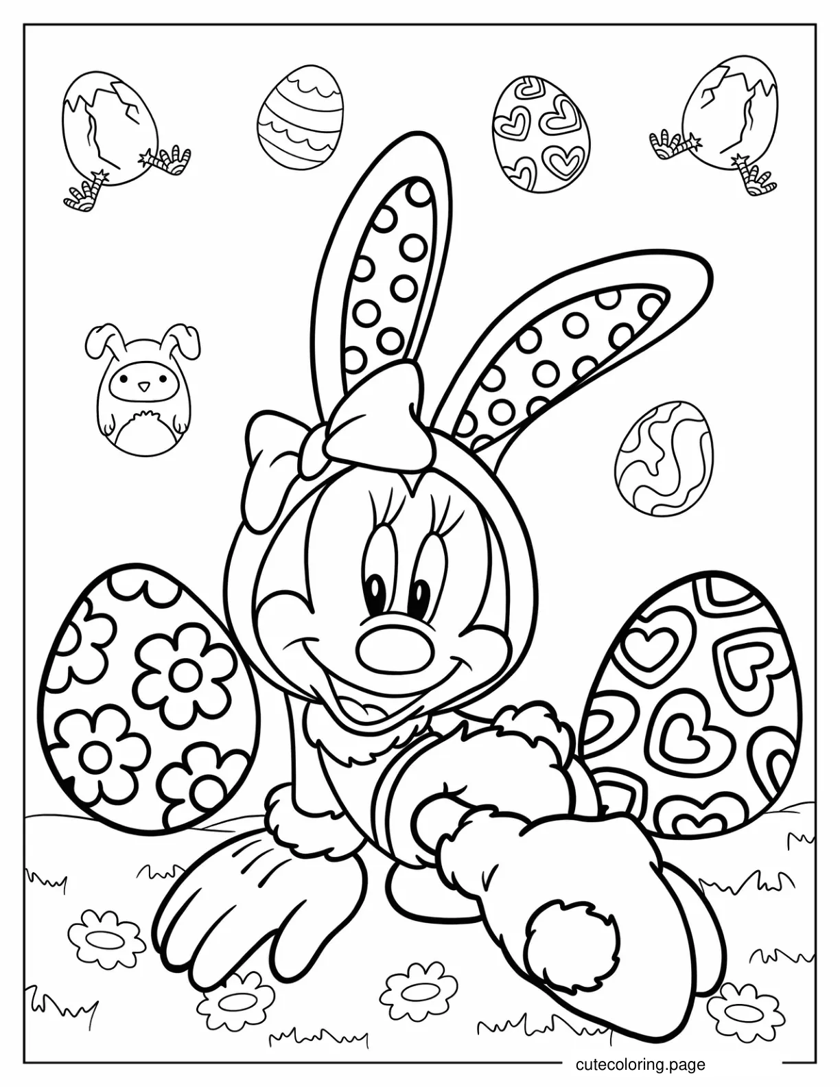 Minnie Mouse Dressed In Bunny Costume With Easter Eggs Coloring Page coloring page