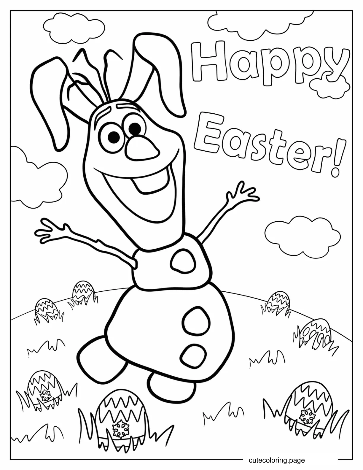 Olaf With Bunny Ears In Field With Easter Eggs Coloring Page coloring page