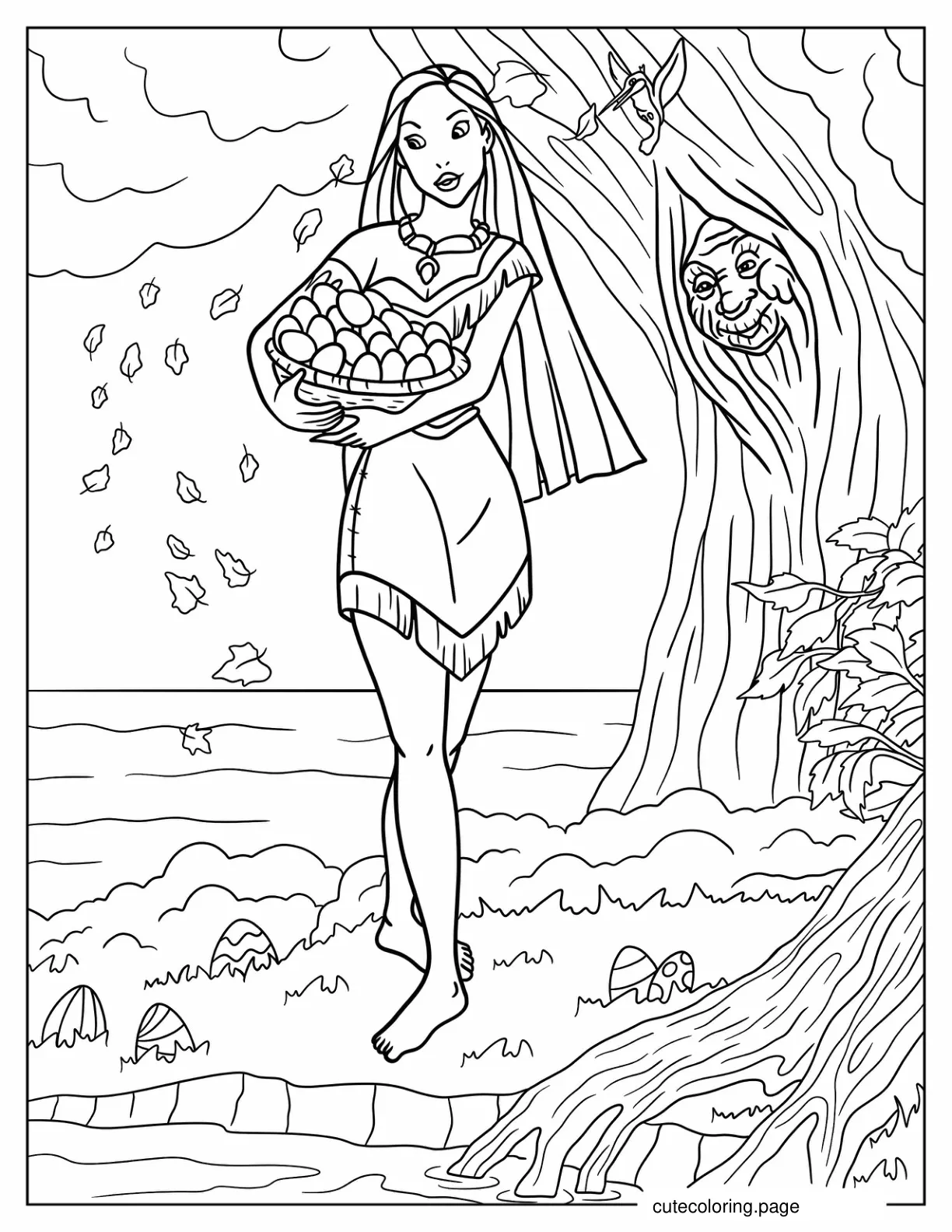 Pocahontas Holding A Basket Of Easter Eggs coloring page