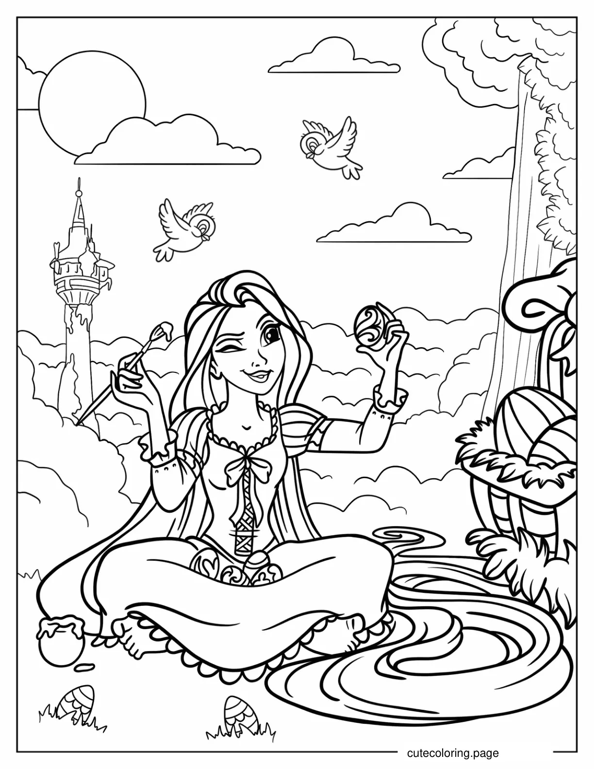 Rapunzel Painting Easter Eggs In The Forest coloring page