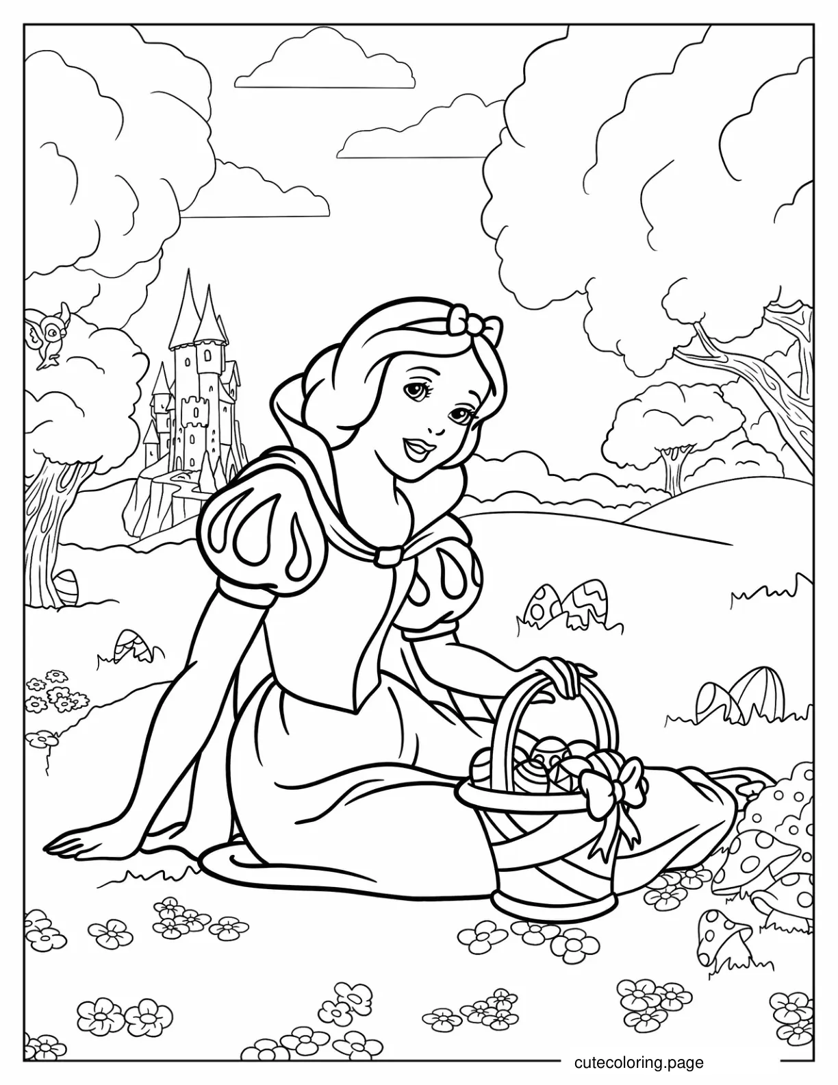 Snow White Sitting On A Field With Easter Eggs Coloring Sheet coloring page