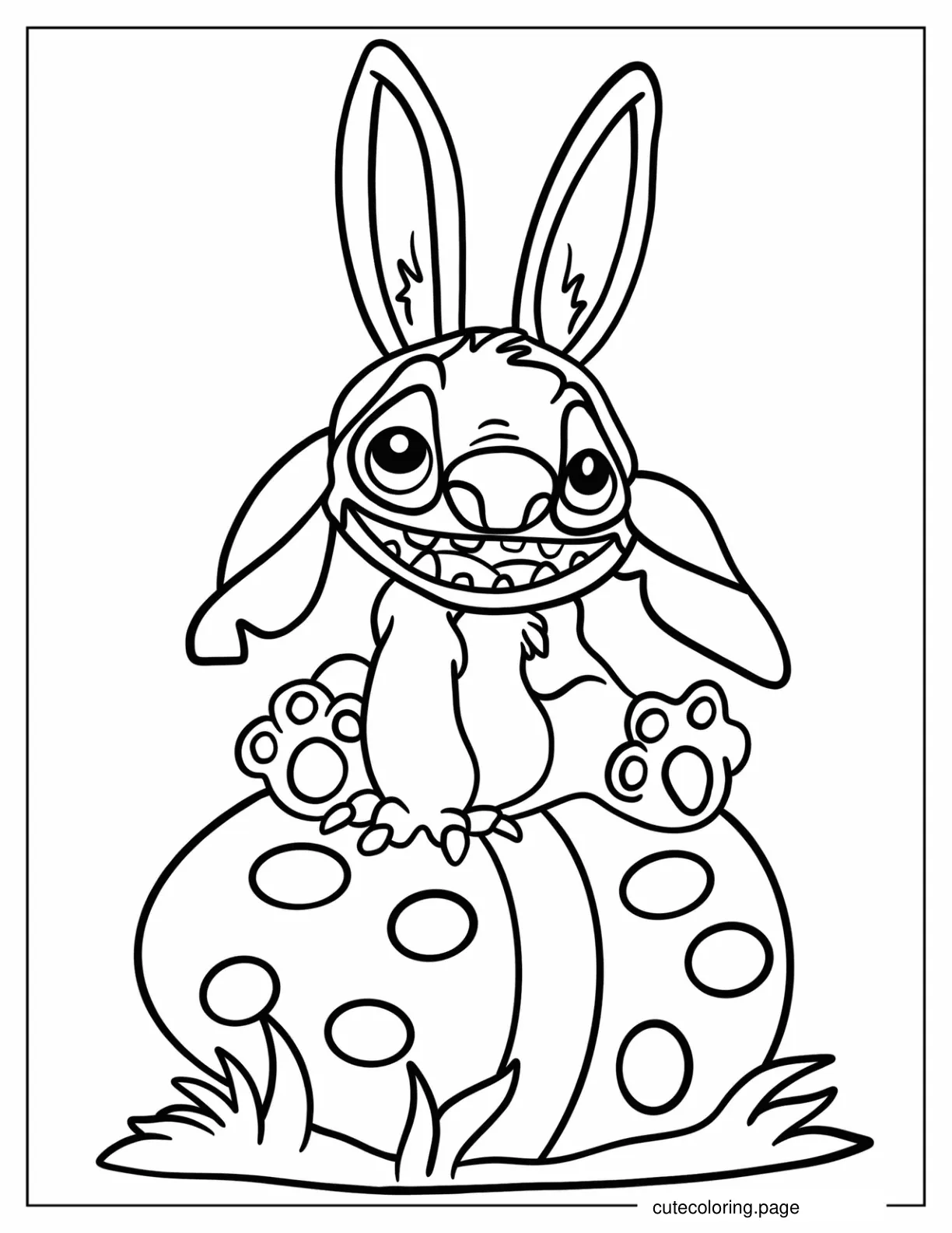 Stitch With Bunny Ears Sitting On Large Easter Egg Coloring Page For Kids coloring page