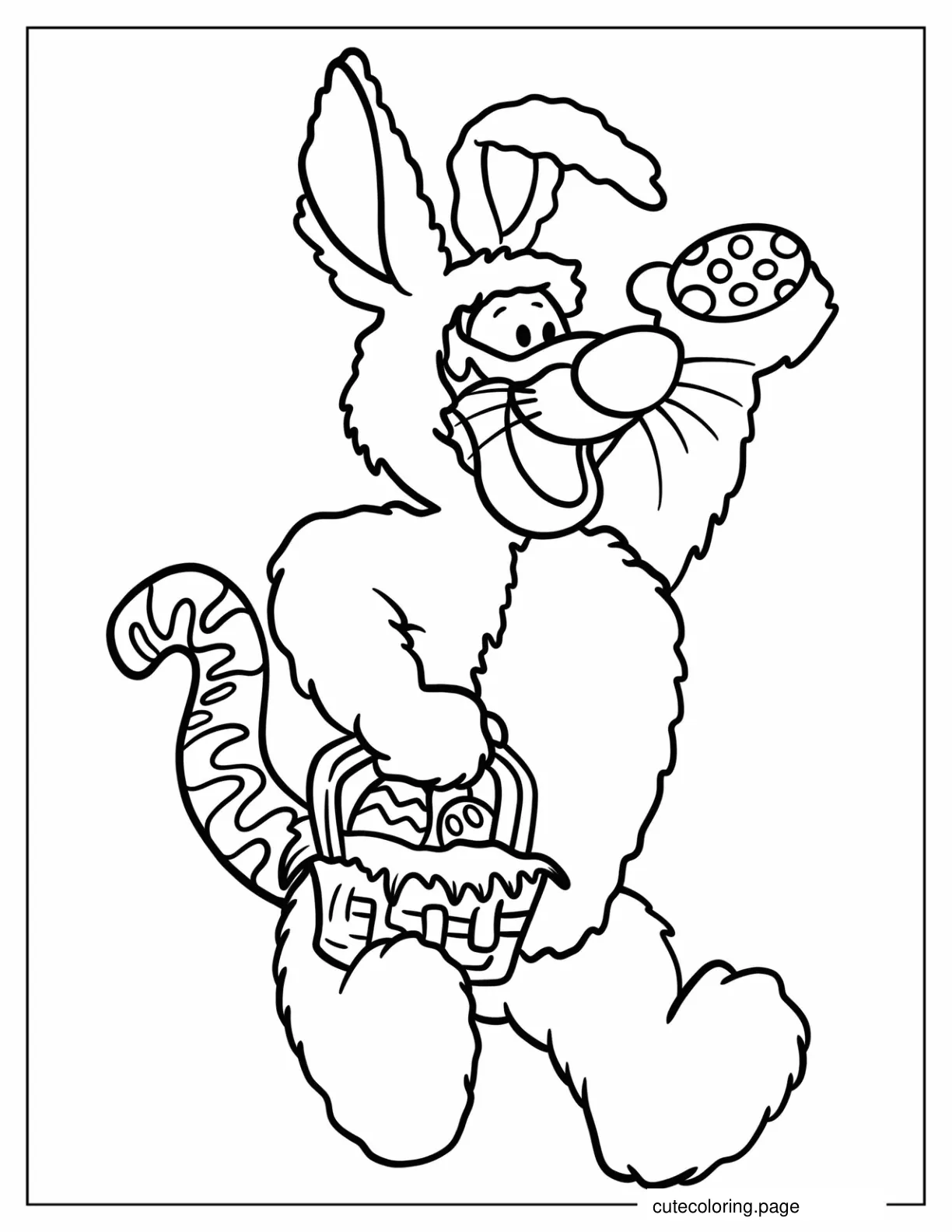 Tiger Wearing Bunny Costume Holding Easter Eggs Coloring Page For Kids coloring page