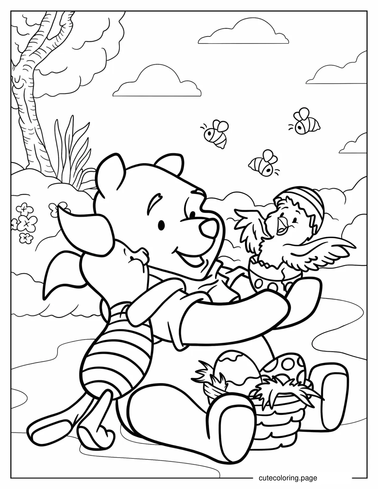 Winnie The Pooh And Piglet Holding A Chick Hatching From Easter Egg coloring page