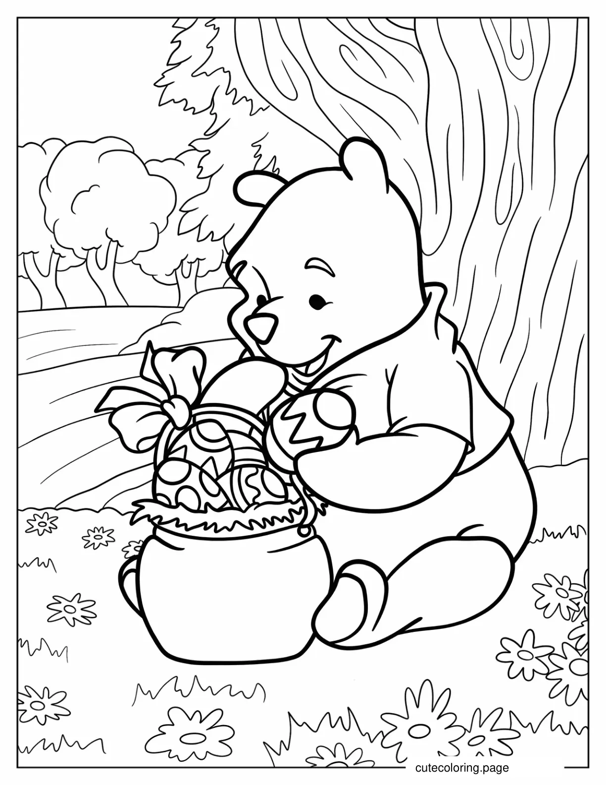 Winnie The Pooh Sitting With His Pot Of Easter Eggs Coloring Page For Kids coloring page