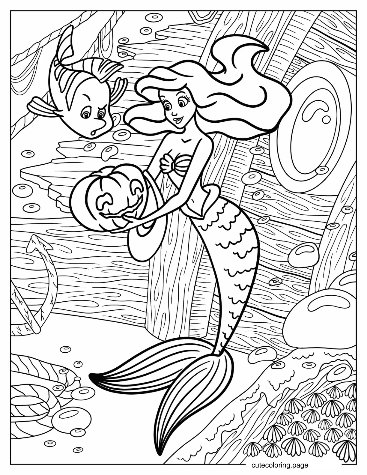 Ariel And Flounders Finding Jack O Lantern Under The Sea coloring page