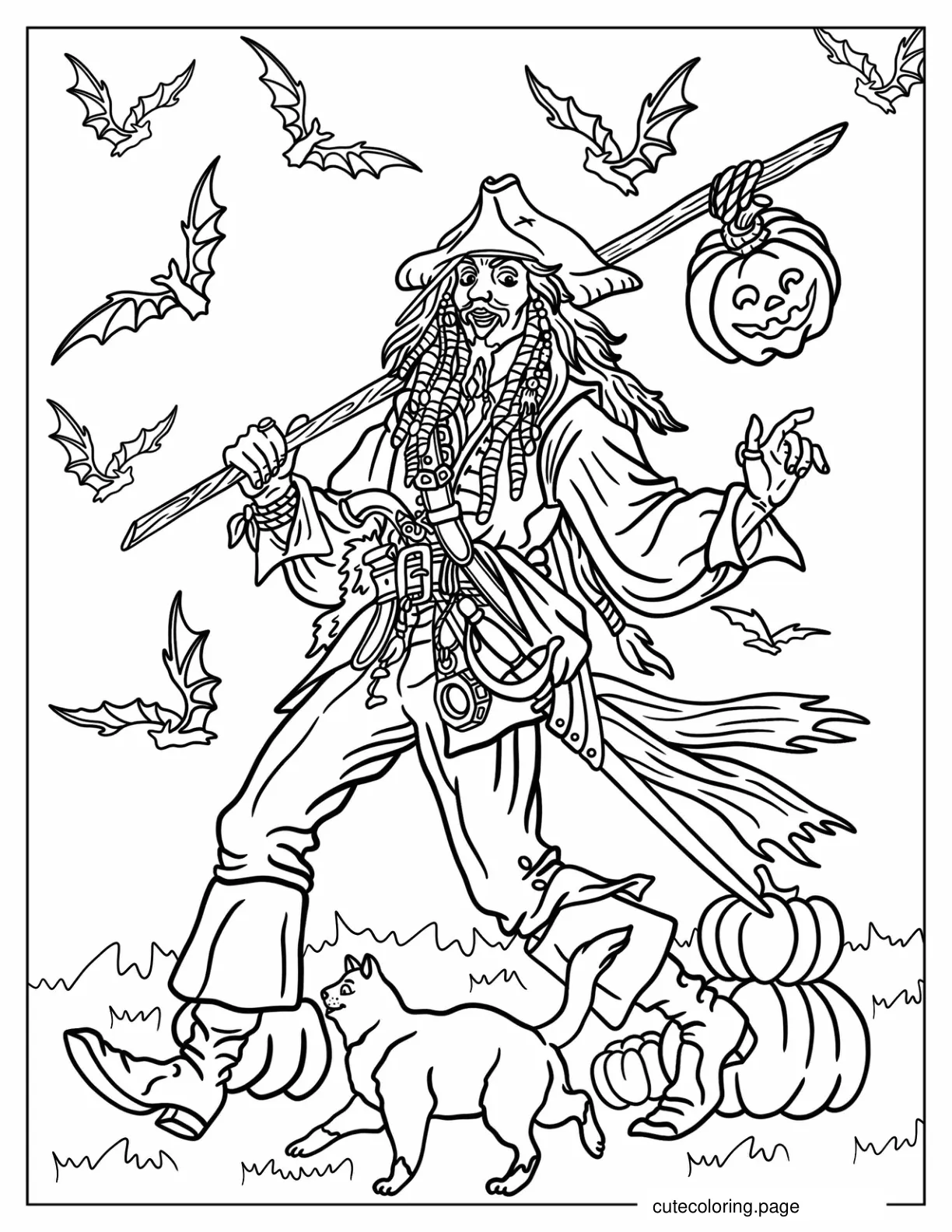 Captain Jack Sparrow Carrying Jack O Lantern On Halloween Coloring Page coloring page