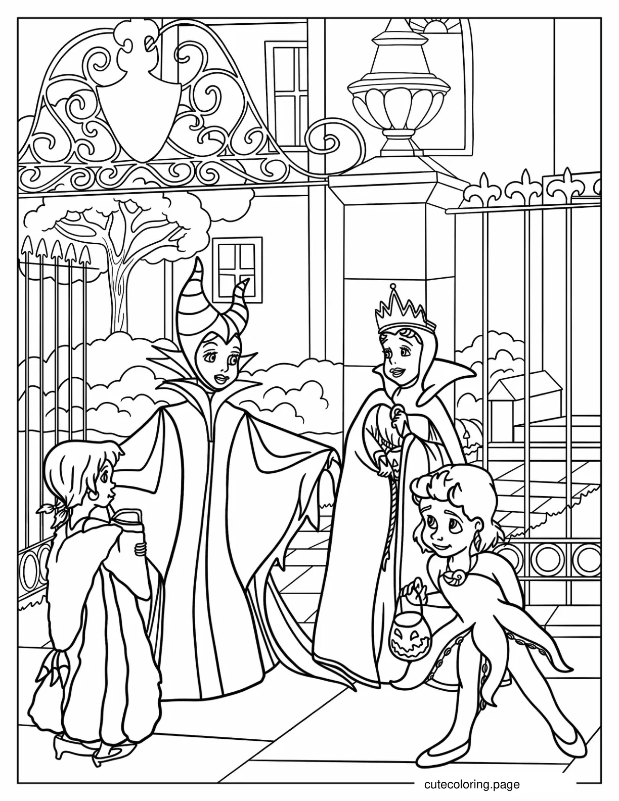 Children In Disney Villain Costumes Trick Or Treating Coloring Page For Kids coloring page