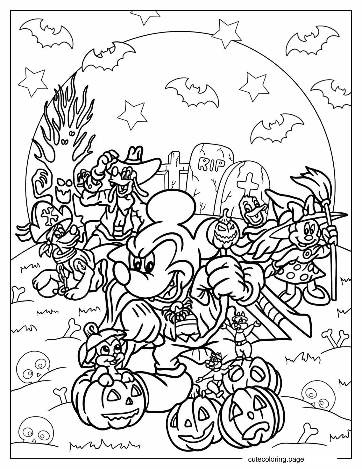 Creepy Mickey Mouse And Friends In Graveyard Disney Halloween Coloring Page coloring page