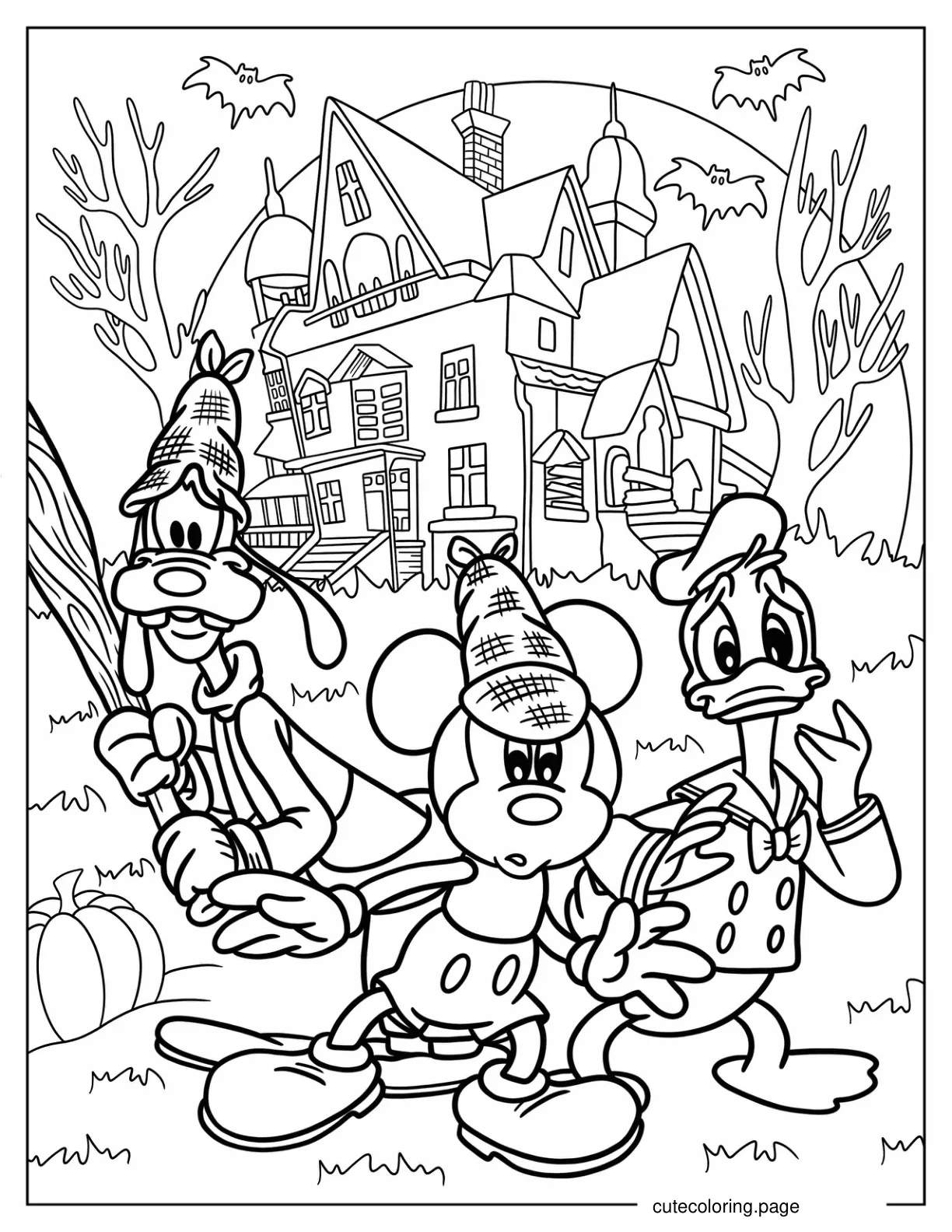 Ghost Hunters Mickey Mouse Goofy And Donald Duck In Front Of Haunted House coloring page