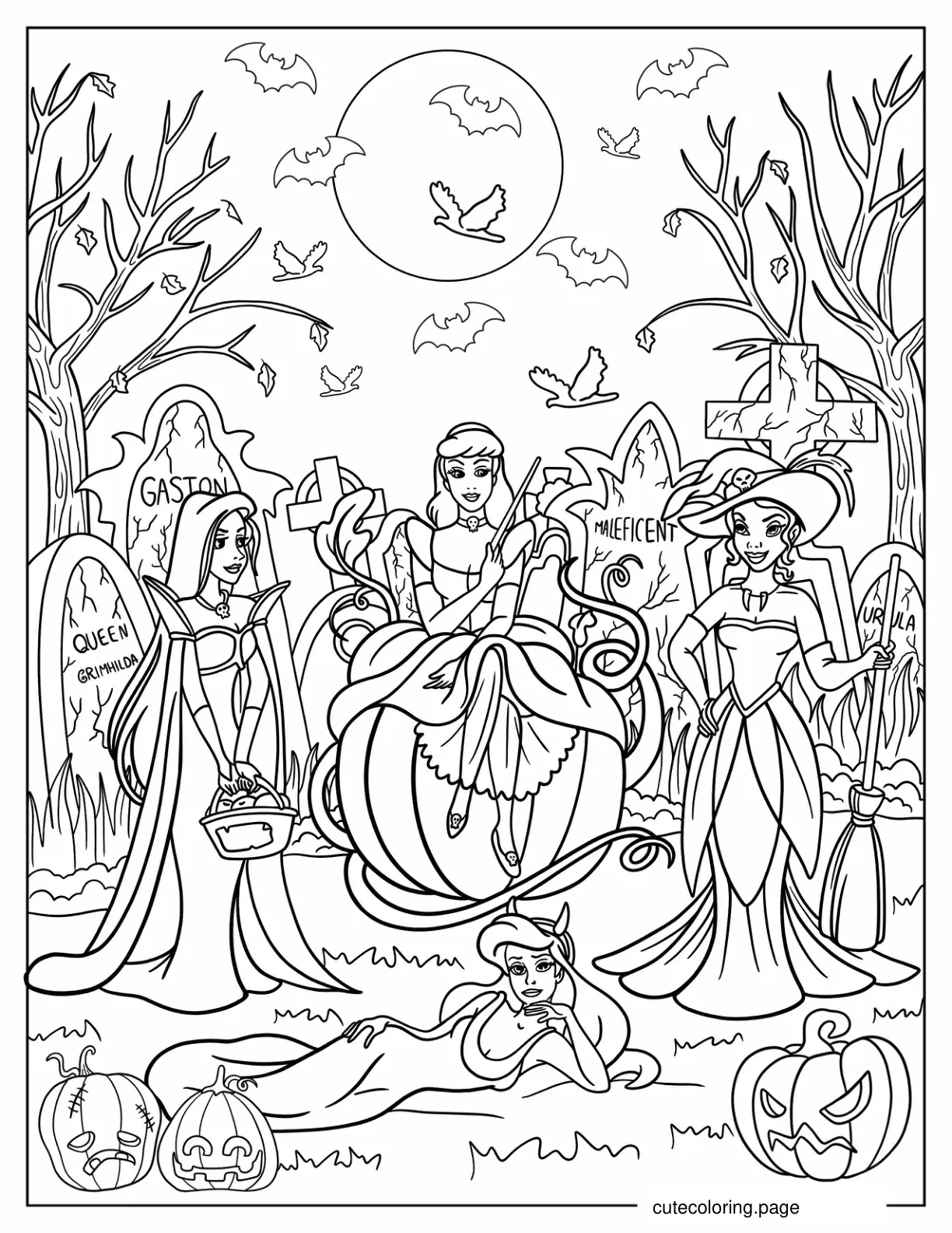 Halloween Disney Princesses In Graveyard Coloring Sheet coloring page