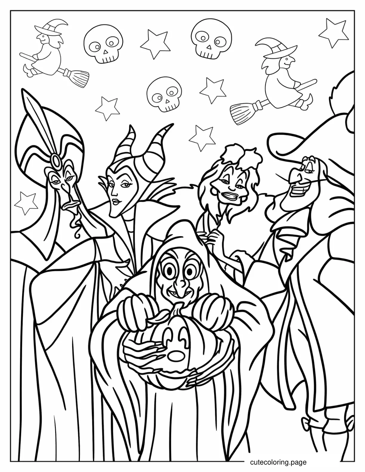 Jafar Maleficent Queen Grimhilde Cruella And Captain James Hook Disney Halloween Coloring Page coloring page