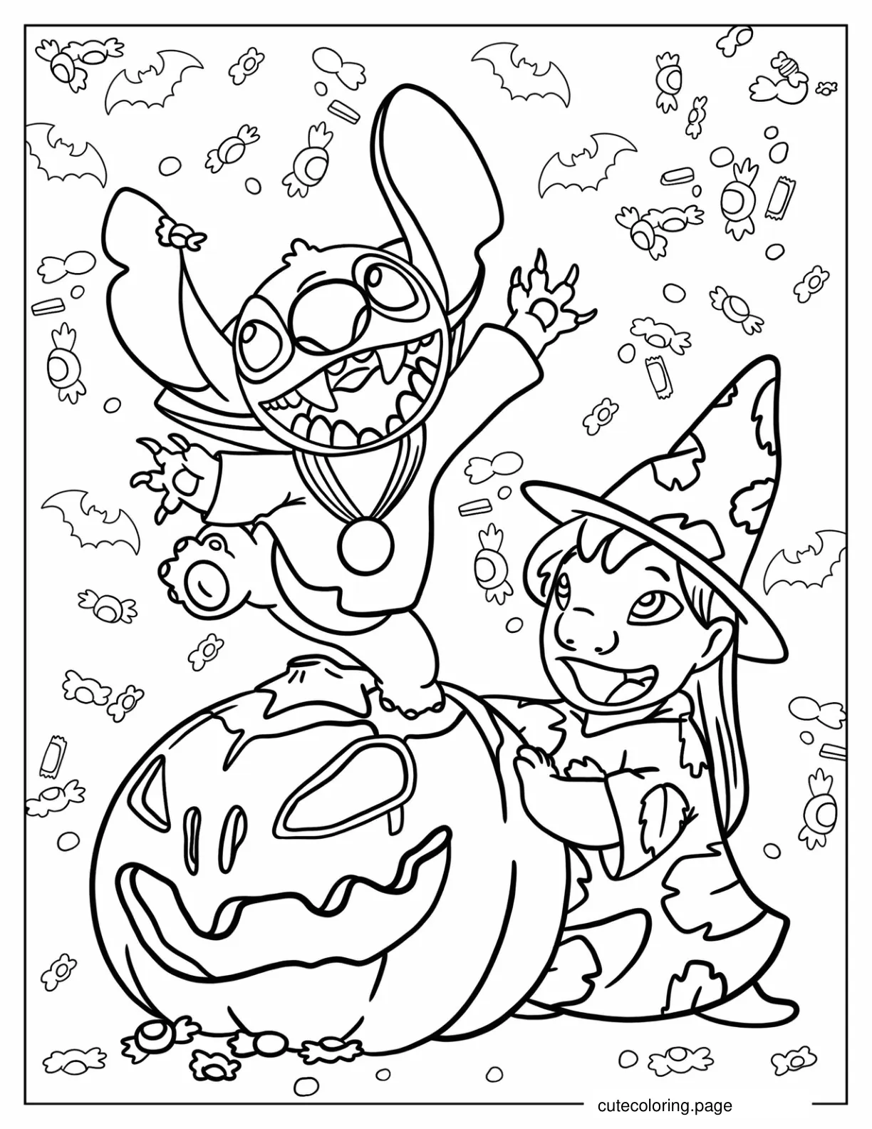 Lilo And Stitch Wearing Witch_s Hat With Jack O Lantern coloring page