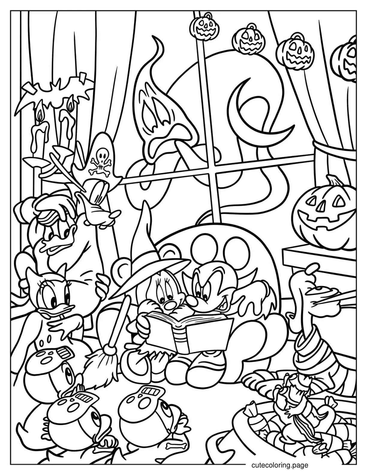 Mickey Mouse And Friends Reading Ghost Stories Disney Halloween Coloring Page coloring page