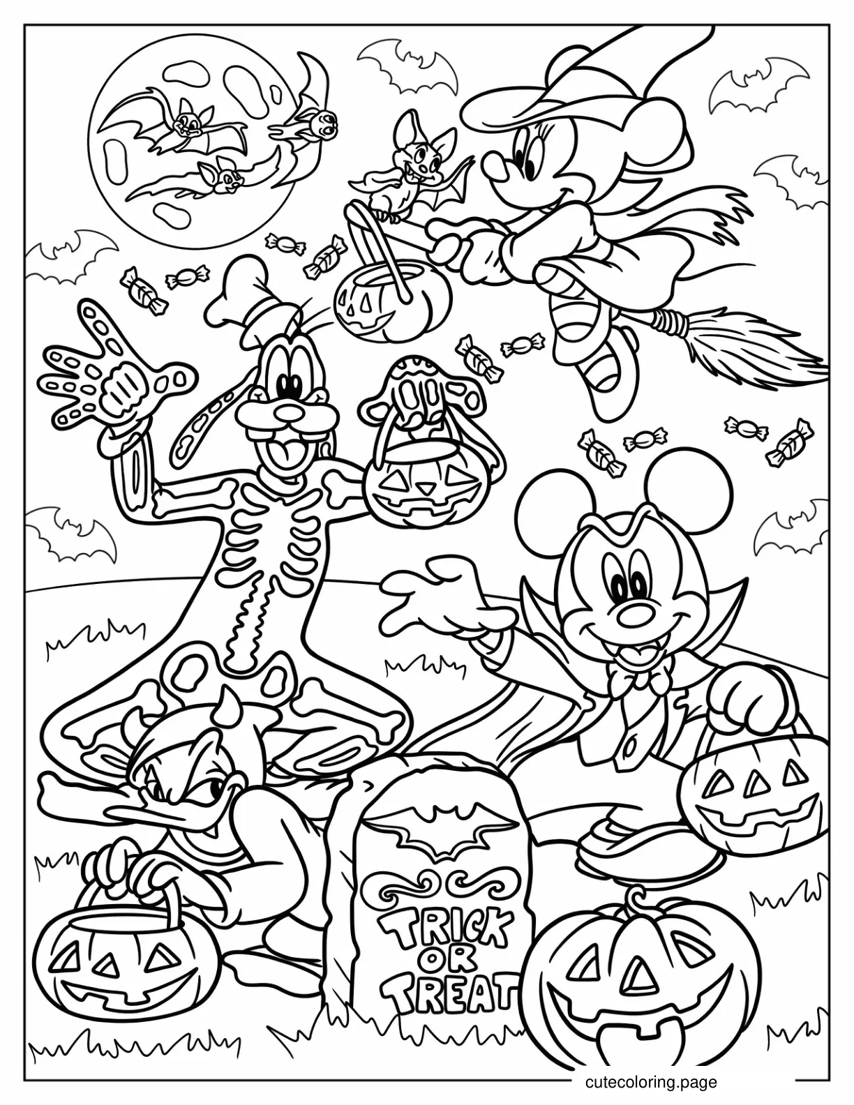 Mickey Mouse Minnie Mouse And Goofy In Halloween Costumes Coloring Sheet coloring page