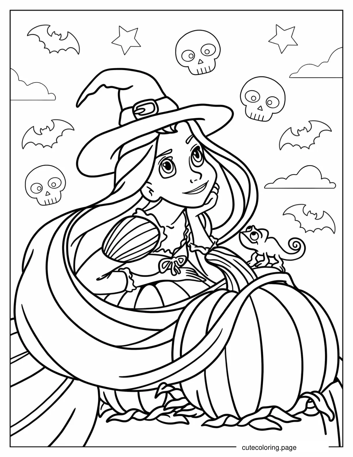 Rapunzel Wearing Witch_s Hat With Paco Holding Pumpkins Coloring Sheet coloring page