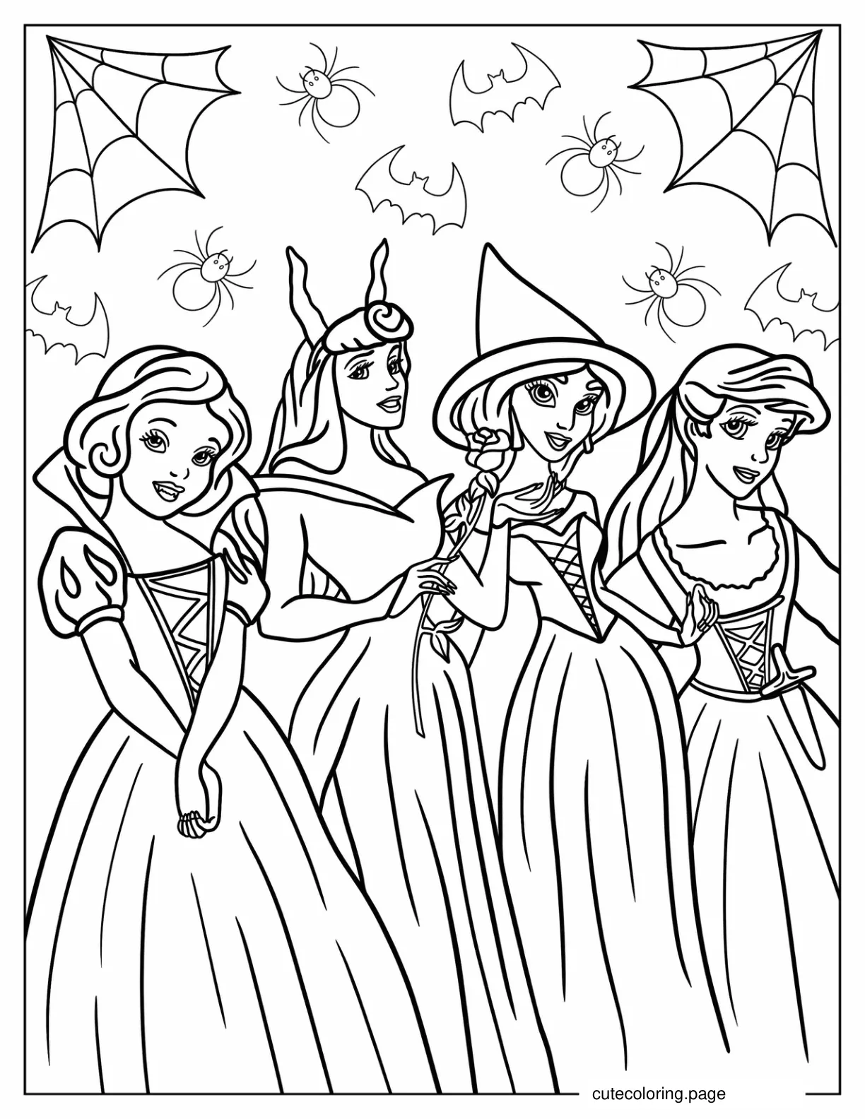 Snow White Aurora Jasmine And Ariel On Halloween Coloring Page coloring page