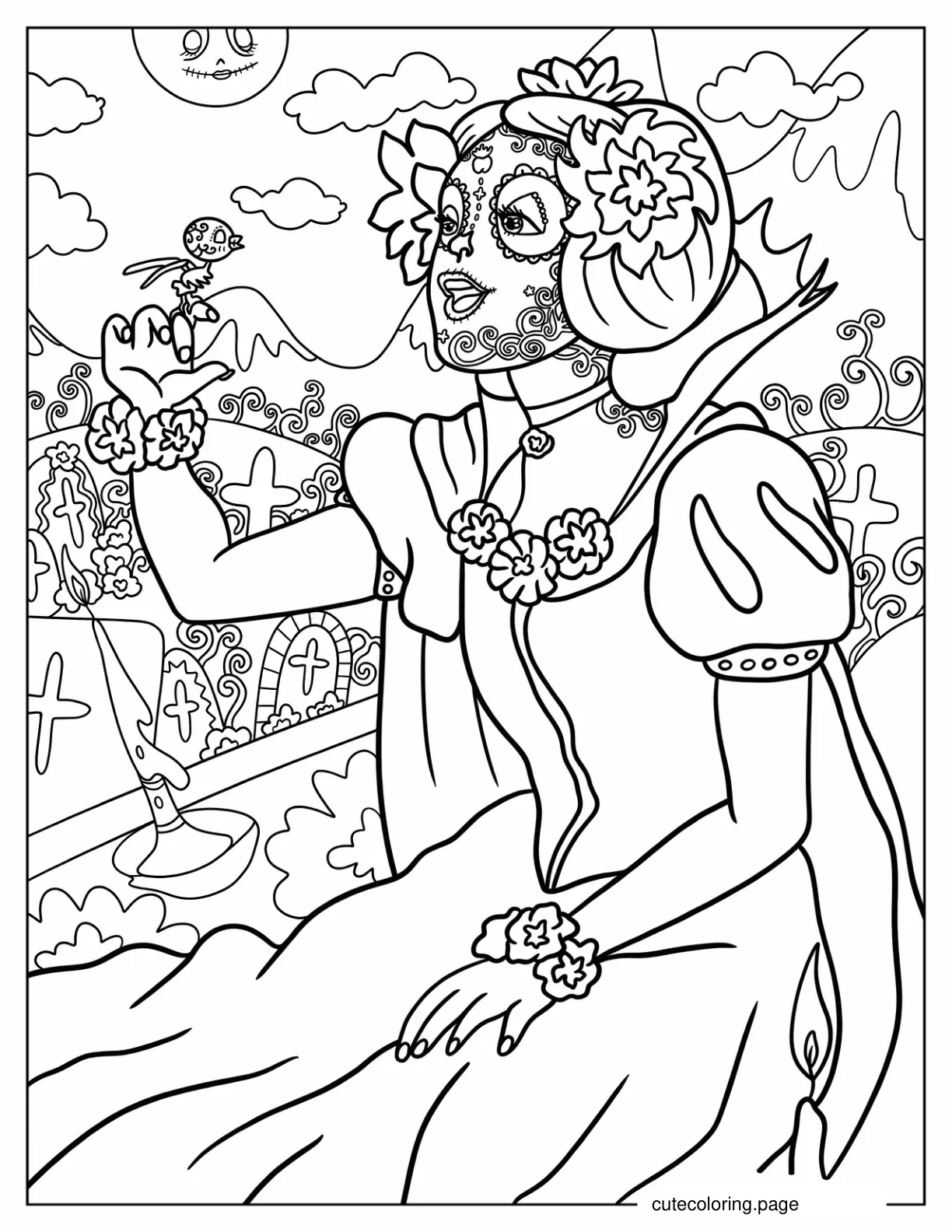 Snow White With Sugar Skull Make Up Singing To Bird coloring page