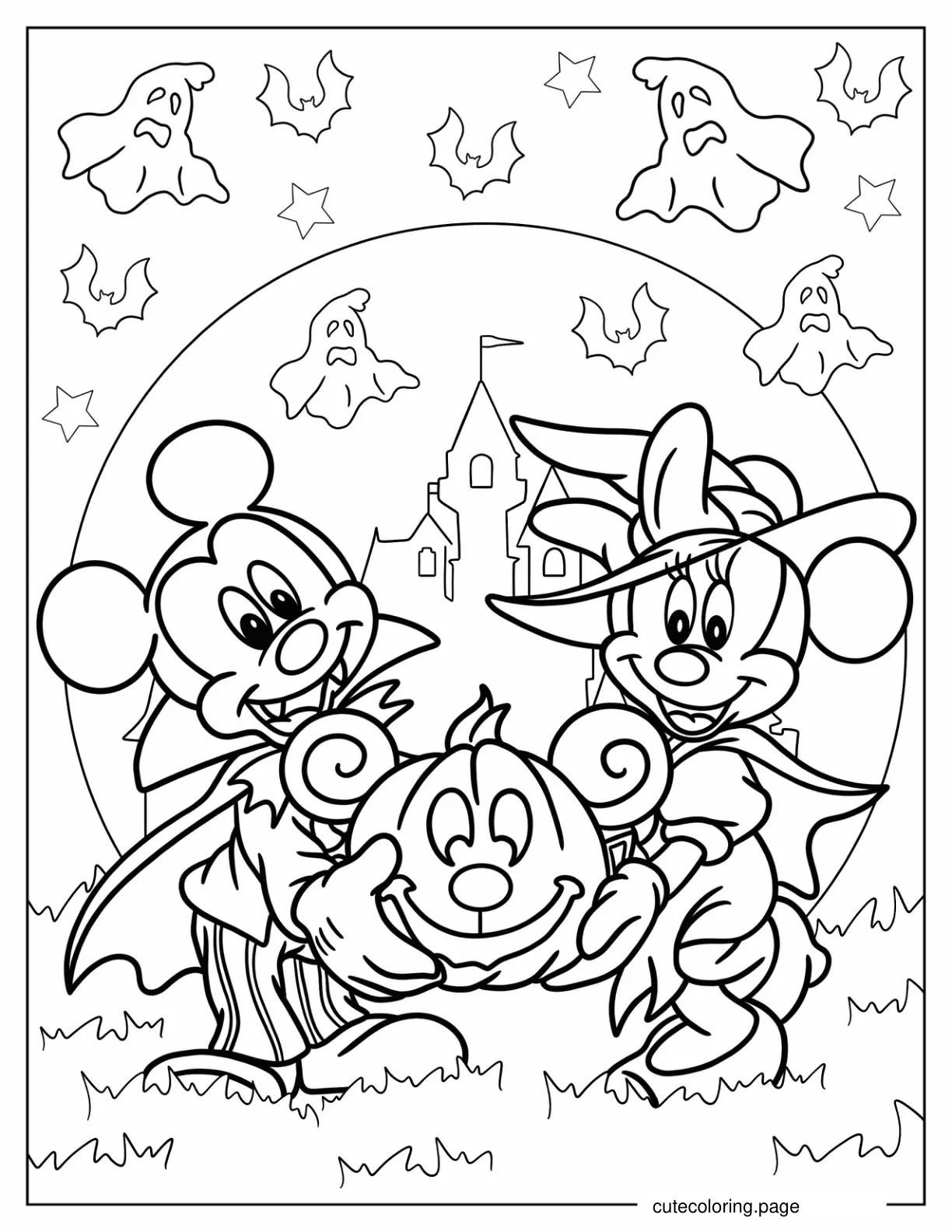 Vampire Mickey Mouse And Witch Minnie Mouse Holding Jack O Lantern Coloring Page coloring page