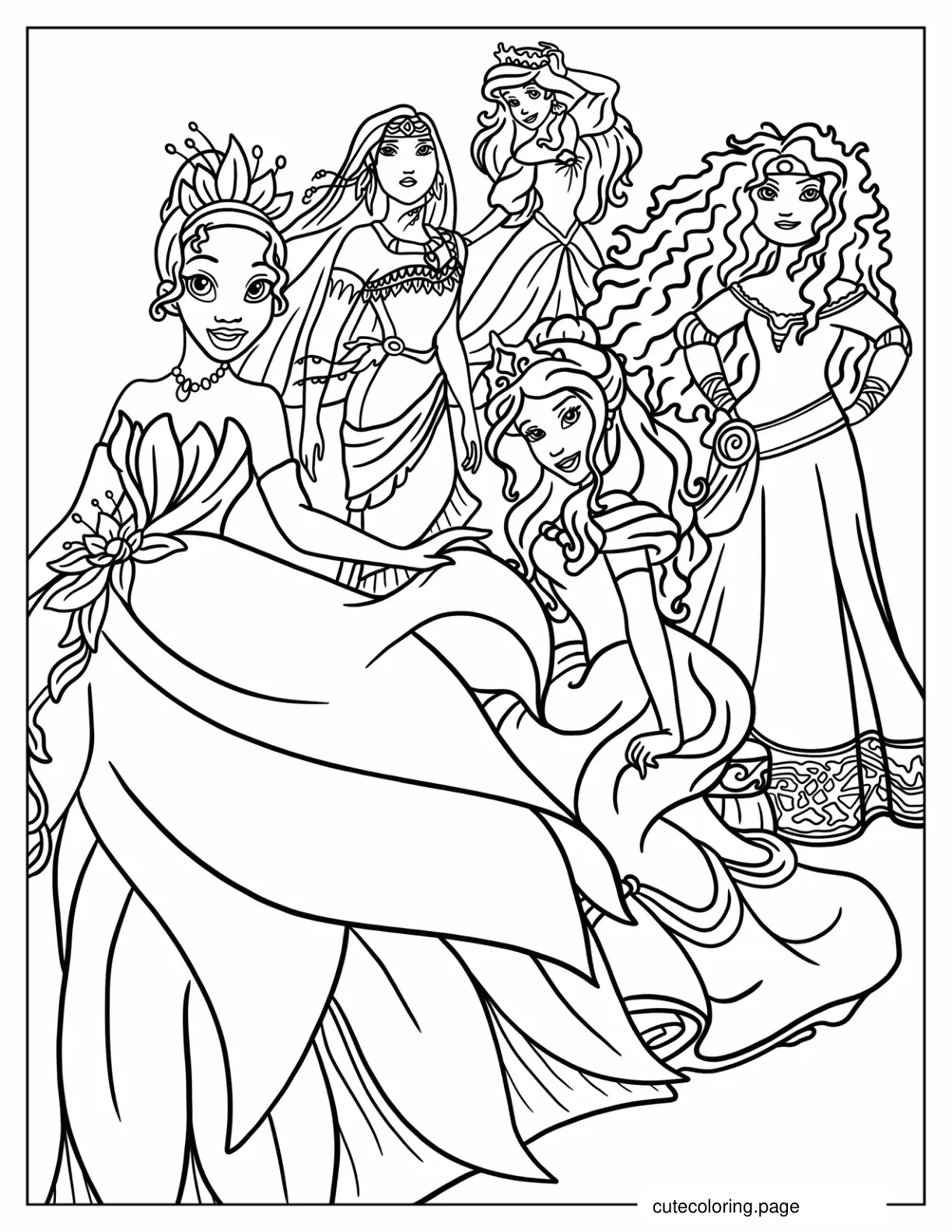 Coloring Sheet Of Princess Ariel Pocahontas Tiana Bell And Merida coloring page