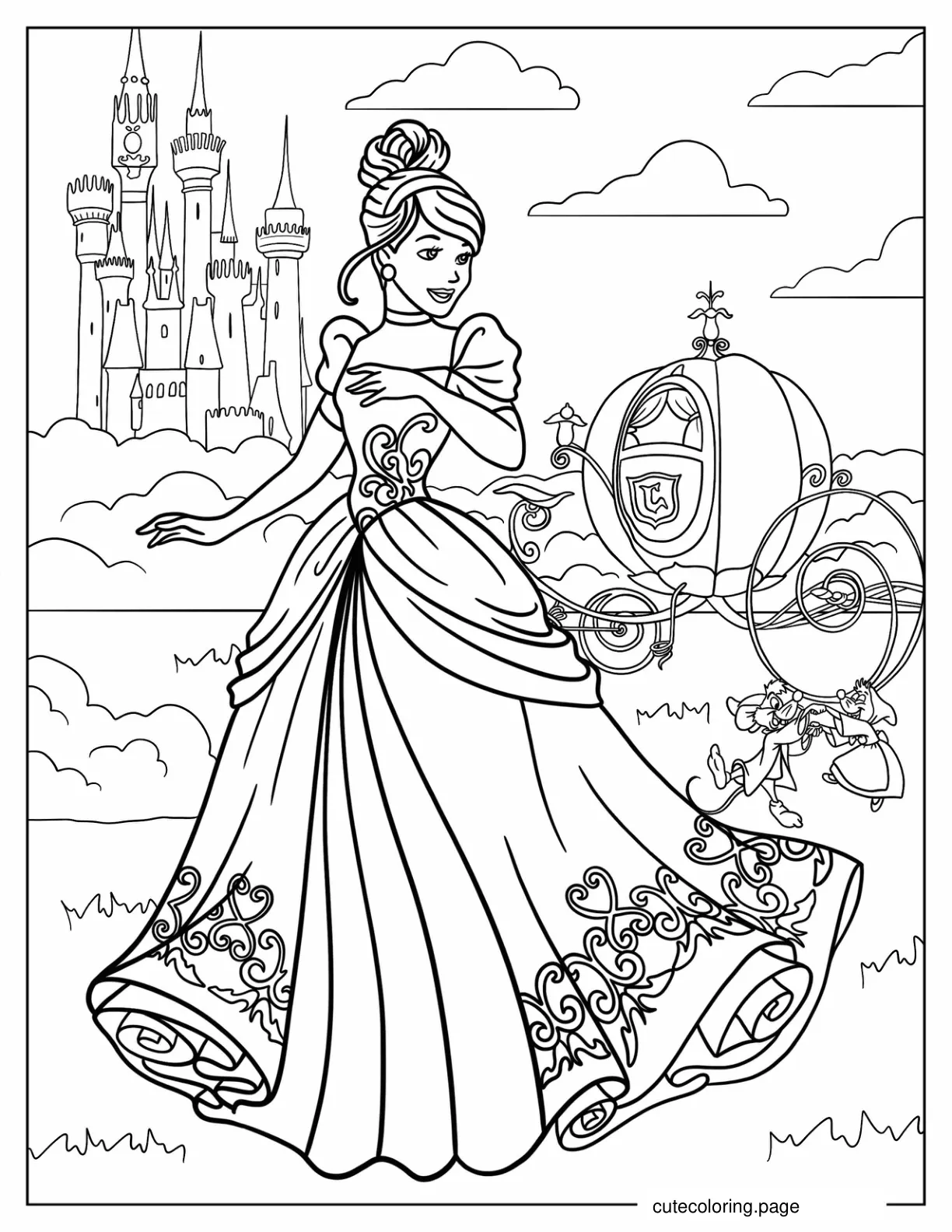 Detailed Cinderella With Pumpkin Carriage Coloring Page coloring page