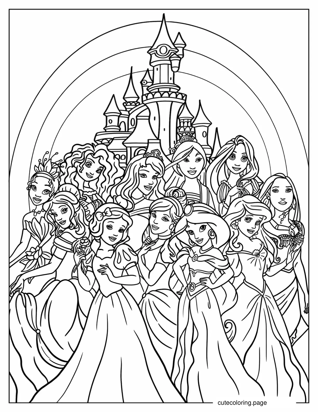 Disney Princesses In Front Of Walt Disney Castle coloring page