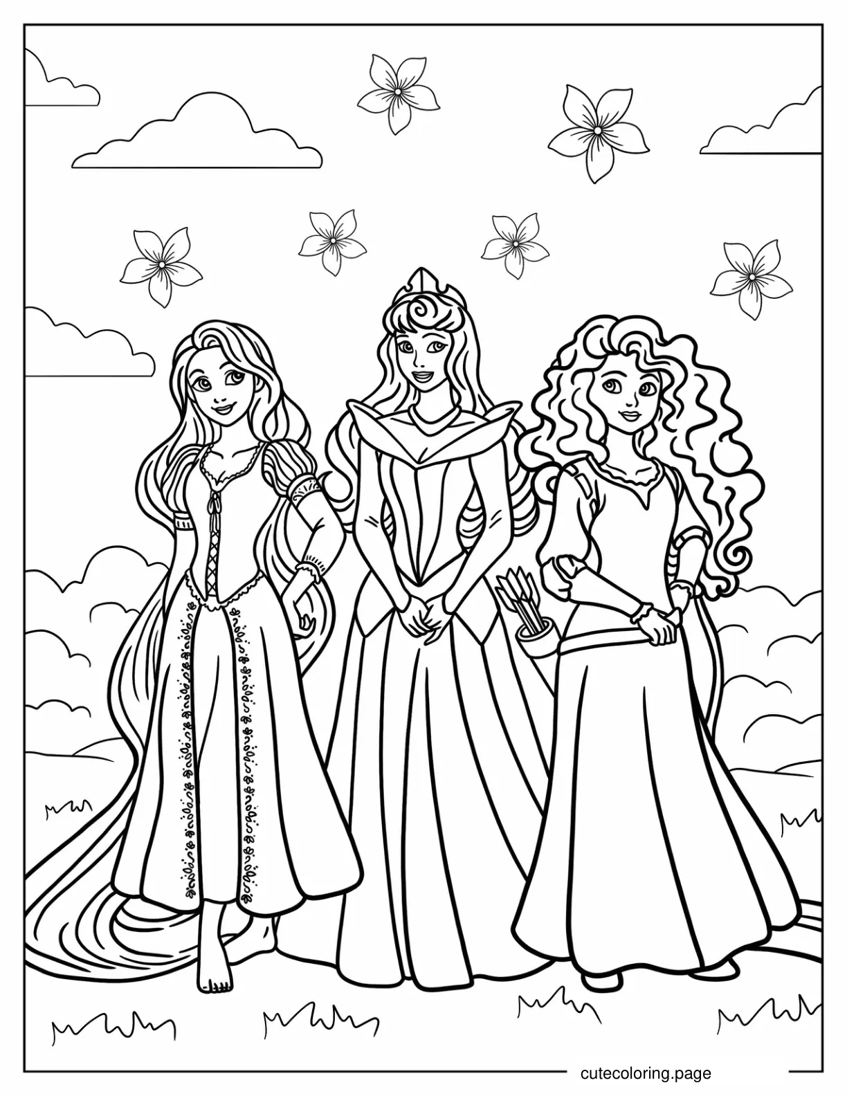 Easy Coloring Page Of Rapunzel Aurora and Merida coloring page