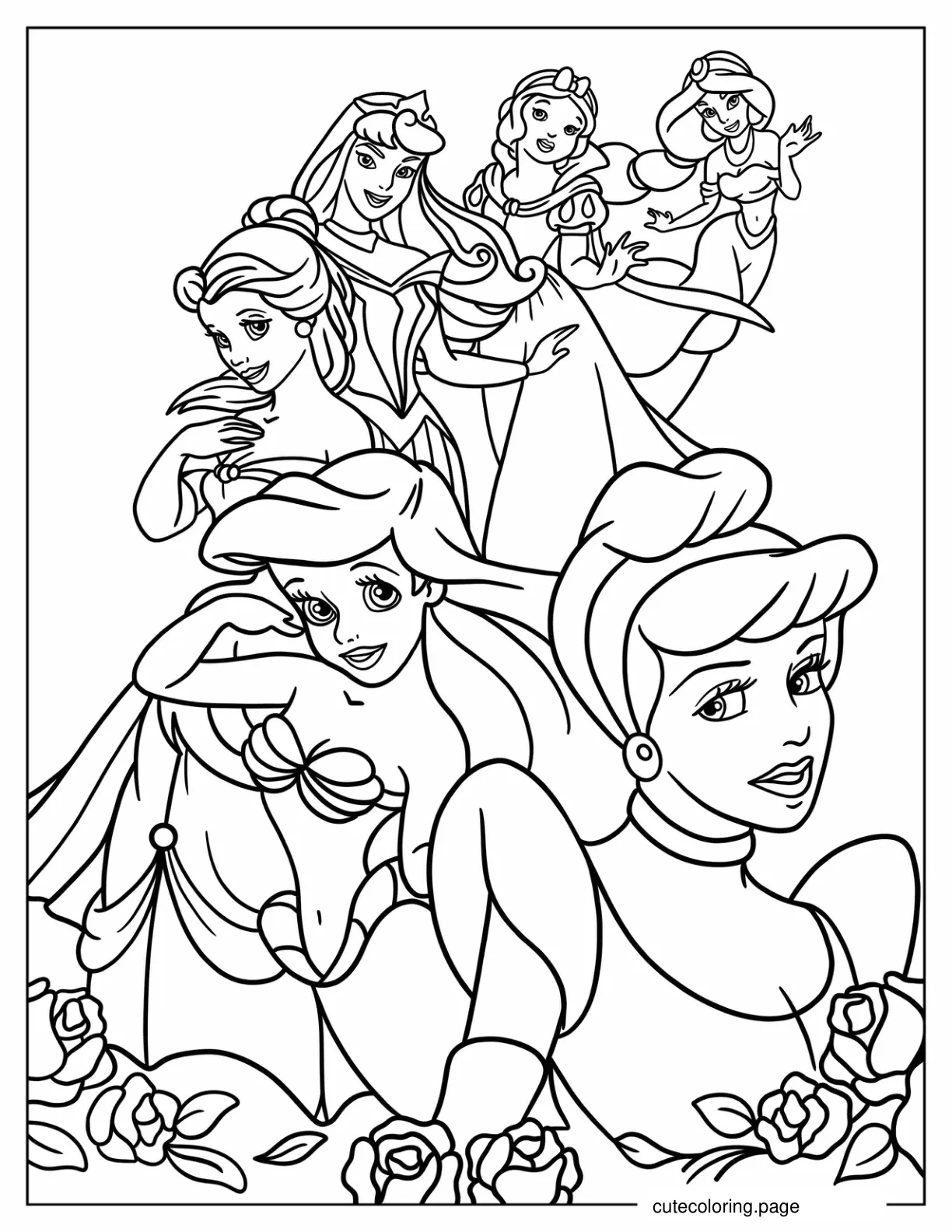 Jasmine Snow White Belle Aurora Ariel And Cinderella coloring page